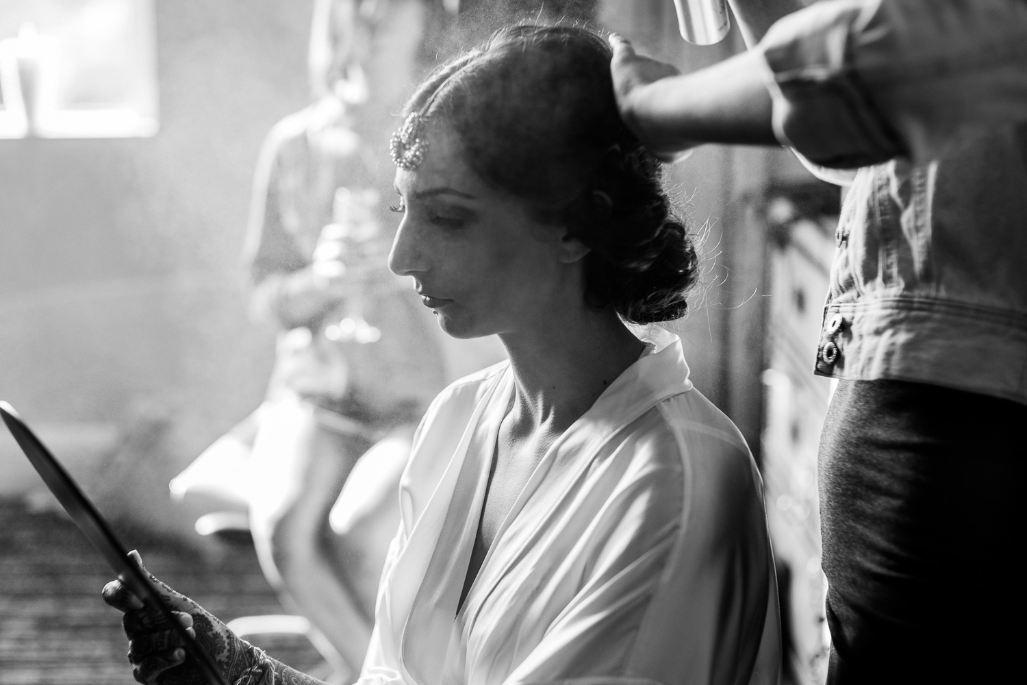 In the morning light and hair spray the bride gets ready Hindu Jewish fusion wedding Sugar Land Marriott Hotel Texas-012