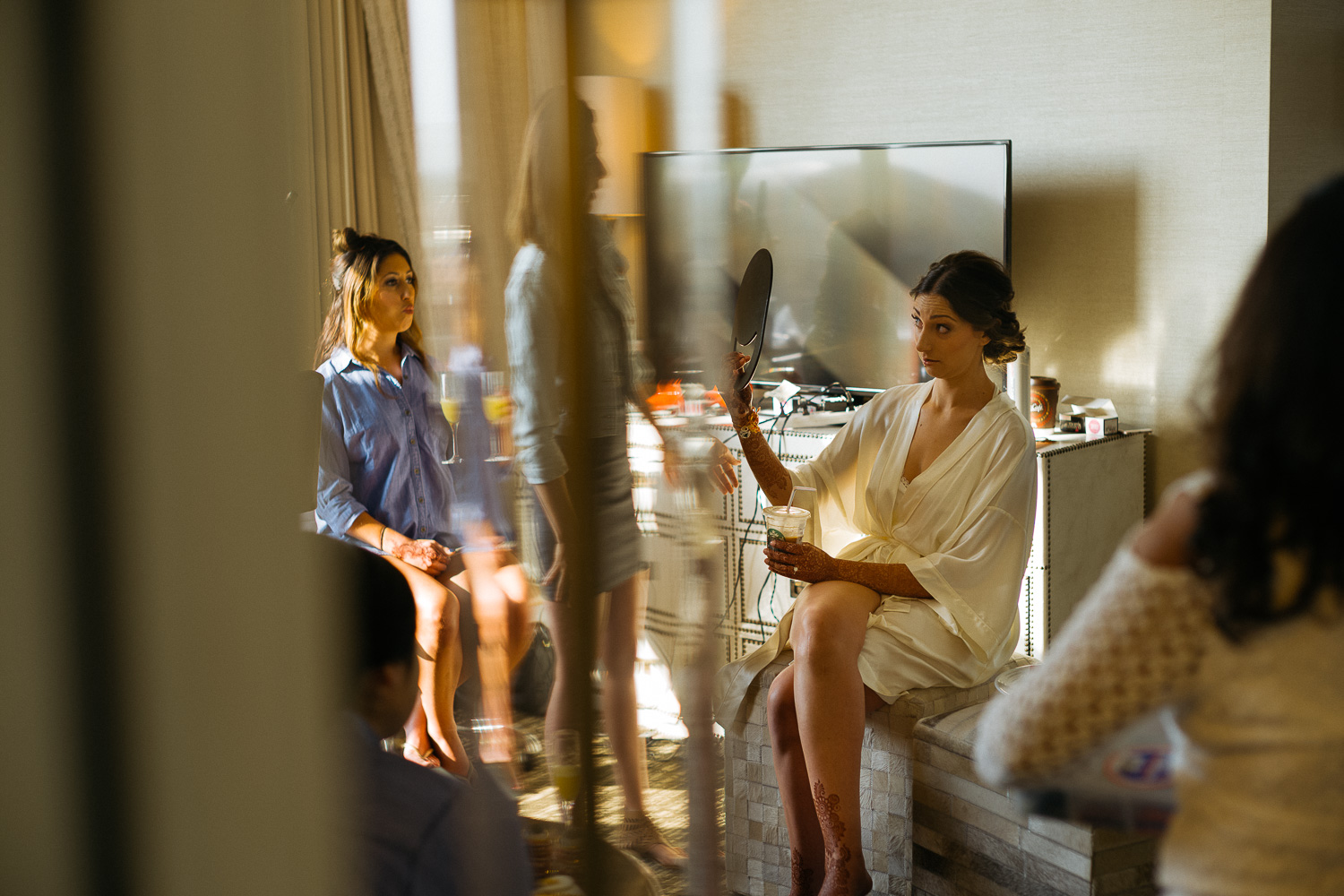 Brides gets ready in reflection of mirror Hindu Jewish fusion wedding Sugar Land Marriott Hotel Texas-015