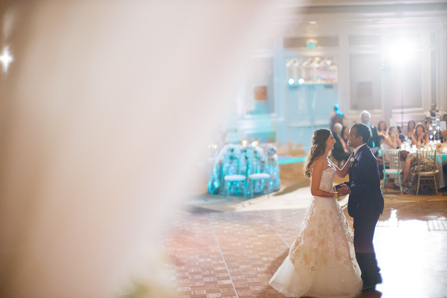 Couples first dance photographed from the Mandap Hindu Jewish fusion wedding Sugar Land Marriott Hotel Texas-081