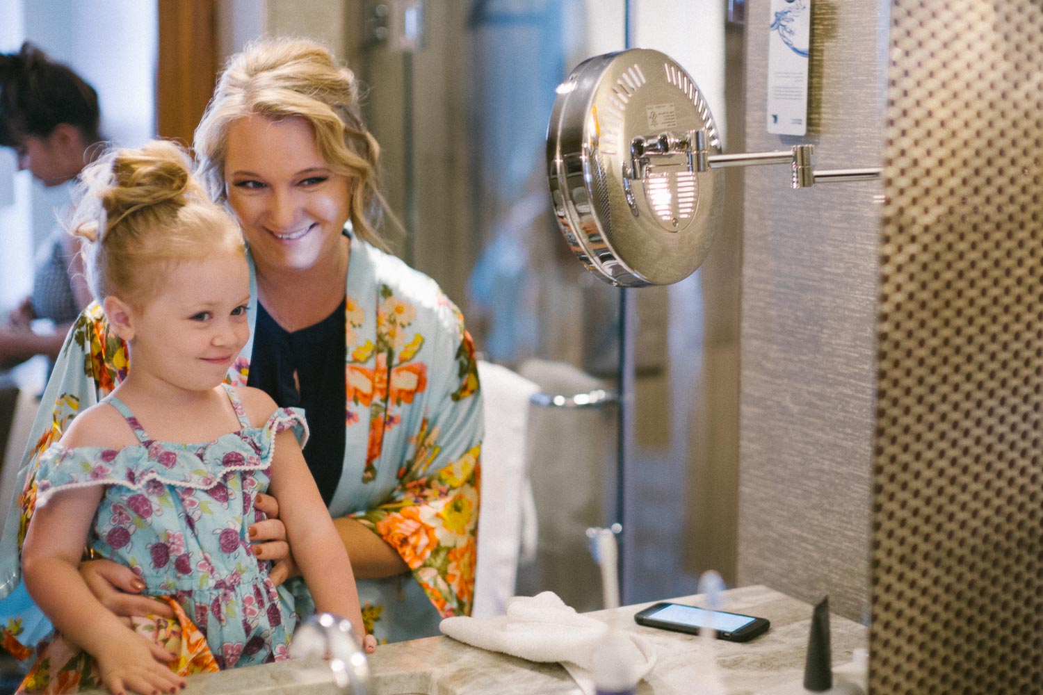 Mother and daughter flower girl in mirror JW Marriott Austin Wedding Photos-Philip Thomas