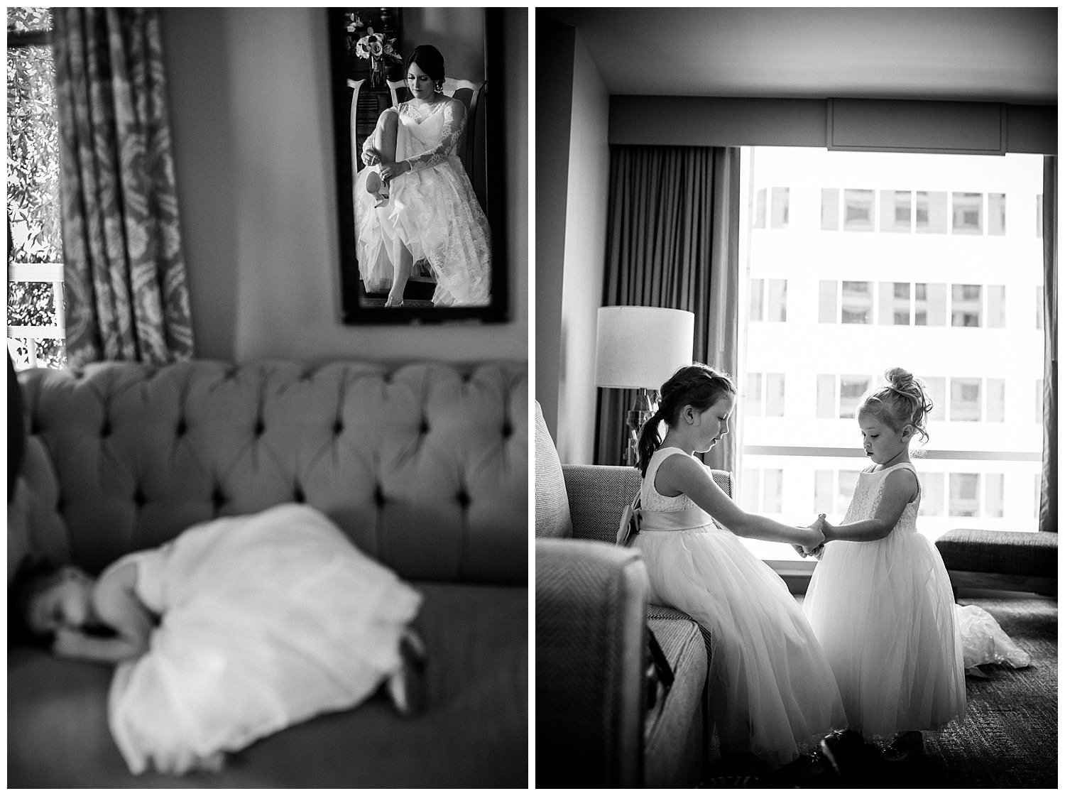 Bride preps with sleeping flower girl and another images shows flower girls playing Barr Mansion Austin Wedding Photos-Philip Thomas