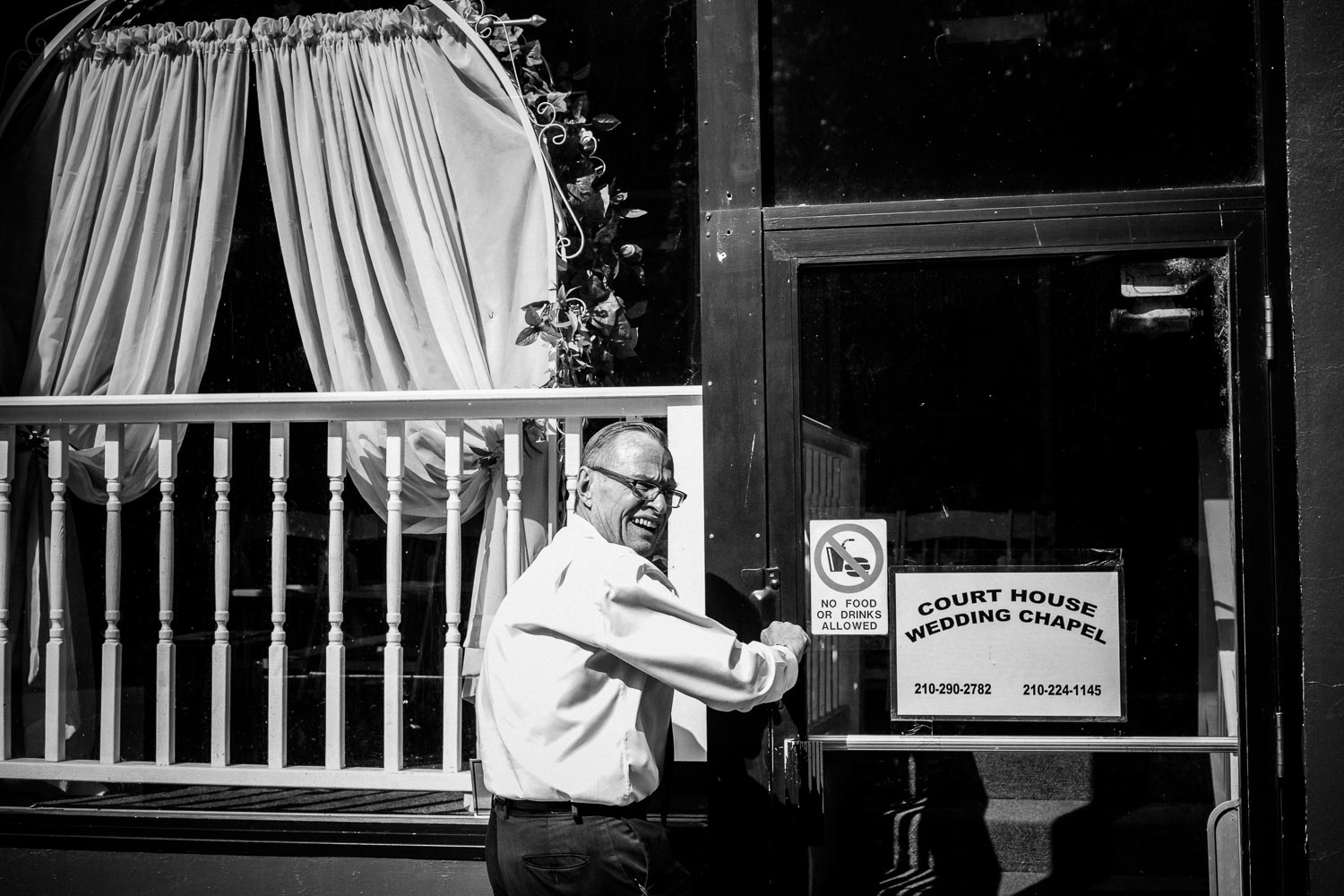 The judge out side the marriage chapel on Kallison Walk, San Antonio, Texas