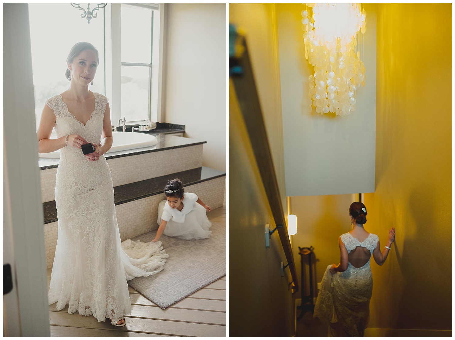 Katherine, bride has help from the flower girl and shows her walking down the steps leading to the ceremony Paniolo Ranch Wedding Reception-Philip Thomas