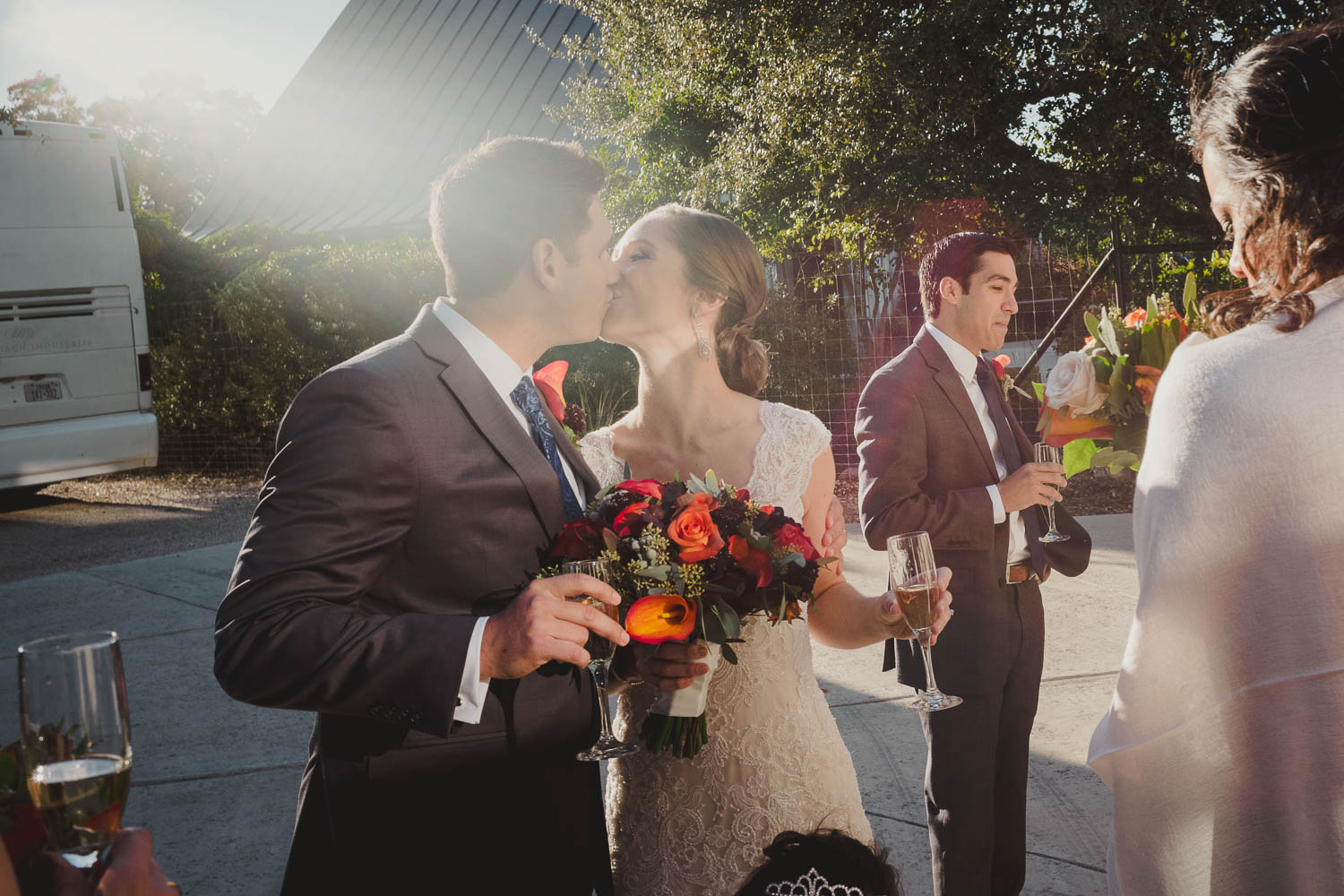 Couple kiss at Rustic fall wedding at Paniolo Ranch Wedding Reception-Philip Thomas