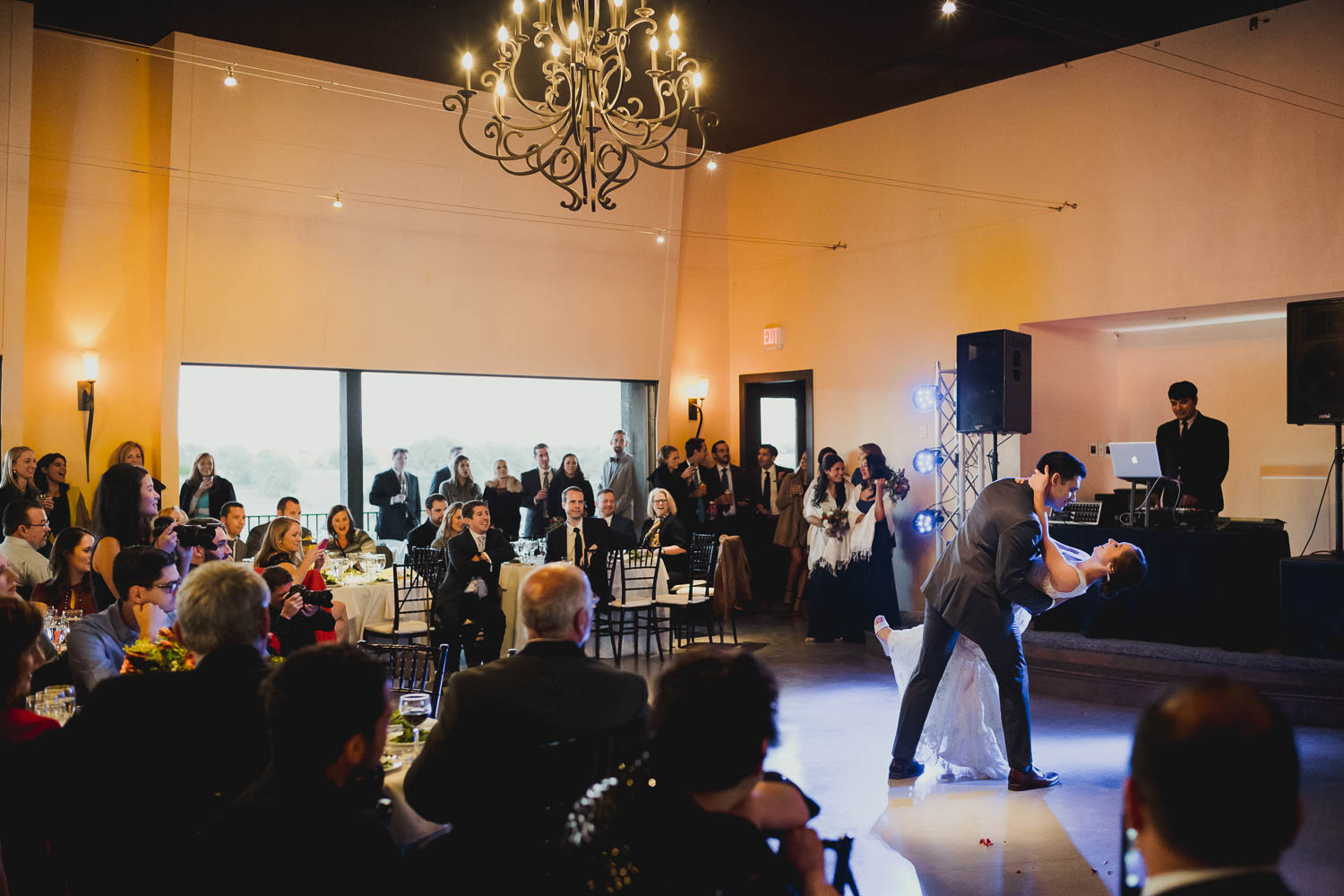 Groom dips the bride in a first dance -Paniolo Ranch Wedding Reception-Philip Thomas