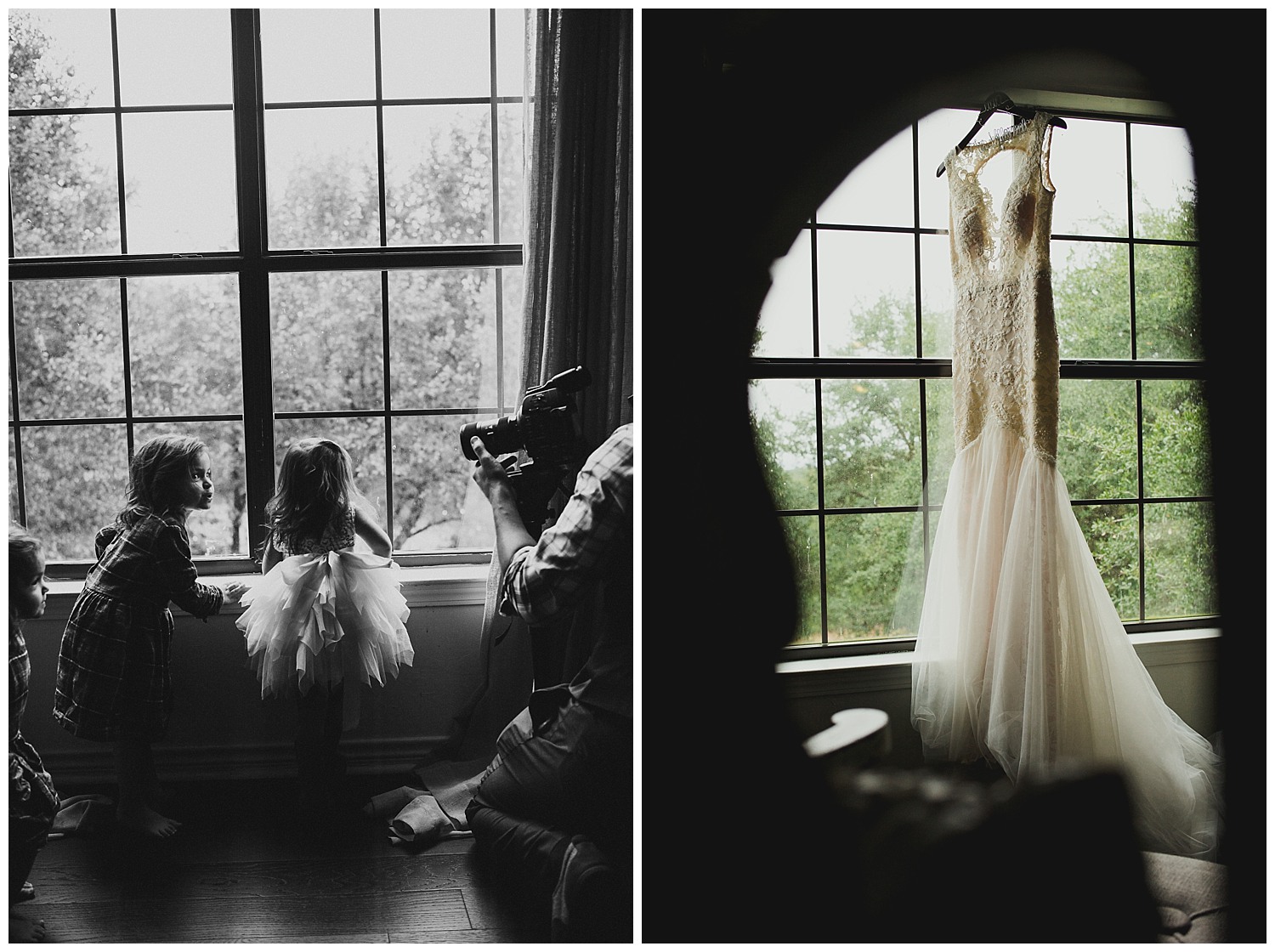 Brides dress hangs and flower girls look through windows toward ceremony RUSTIC BARN WEDDING at VISTA WEST RANCH DRIPPING SPRINGS _ BRANDI + AJ-17