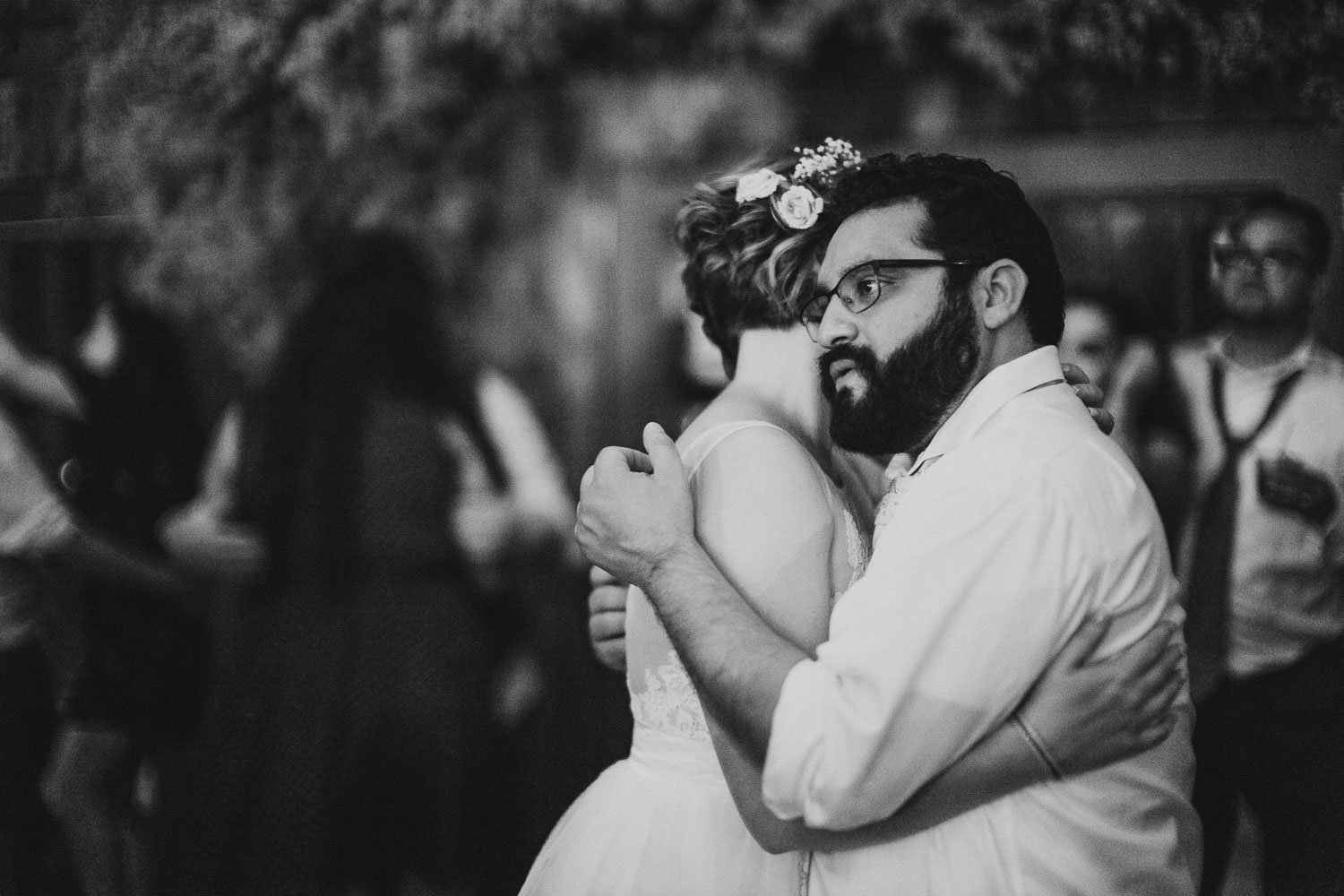 Beautiful black and white shot of just married couple dancing at RUSTIC BARN WEDDING at VISTA WEST RANCH DRIPPING SPRINGS _ BRANDI + AJ-81