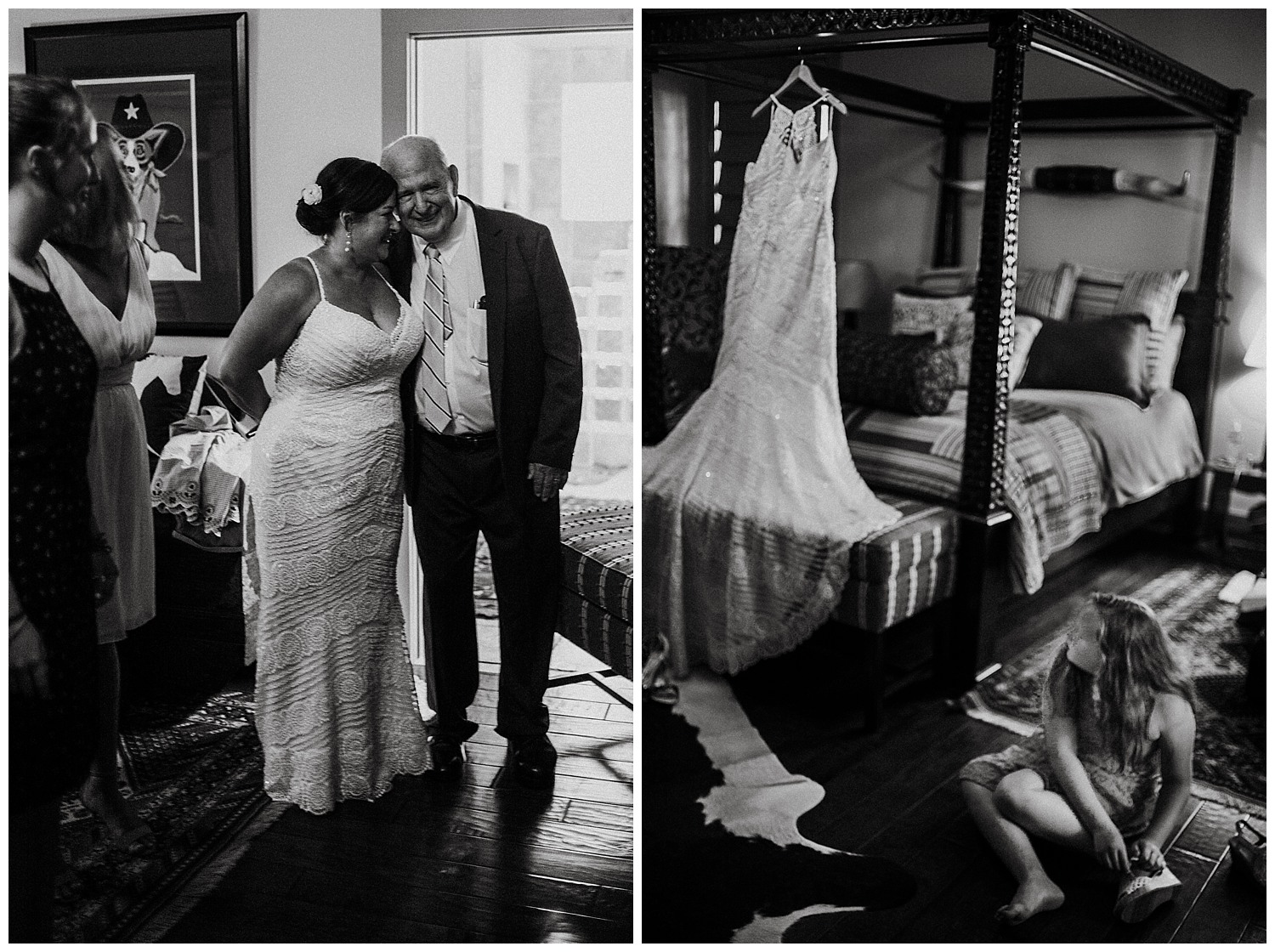 Father of the bride hugs his daughter moments before walking down the aisle and girl looks back towards dress hanging