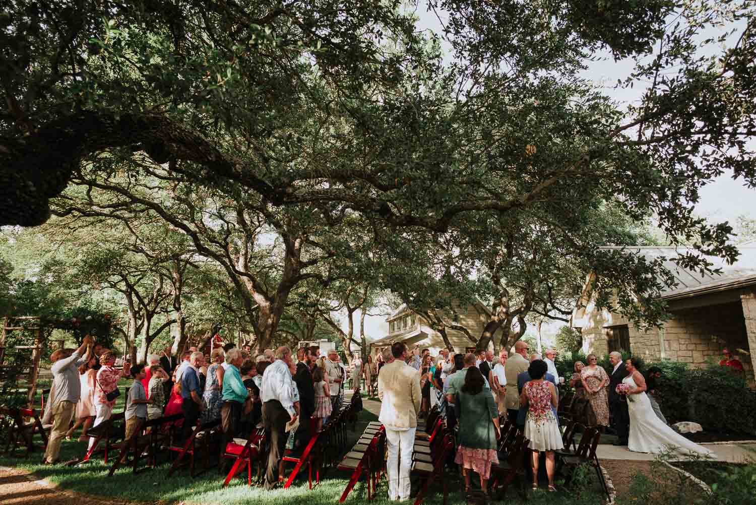 Wide shot of wedding ceremony at a ranch in Bulverde, Texas