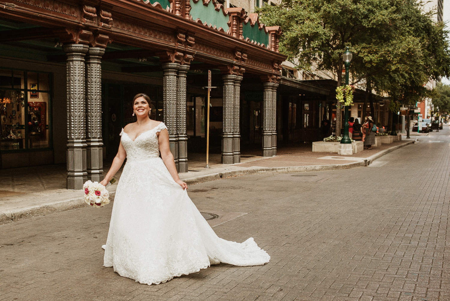 Clarissa on her bridal shoot day downtown on Houston Street, San Antonio, Texas