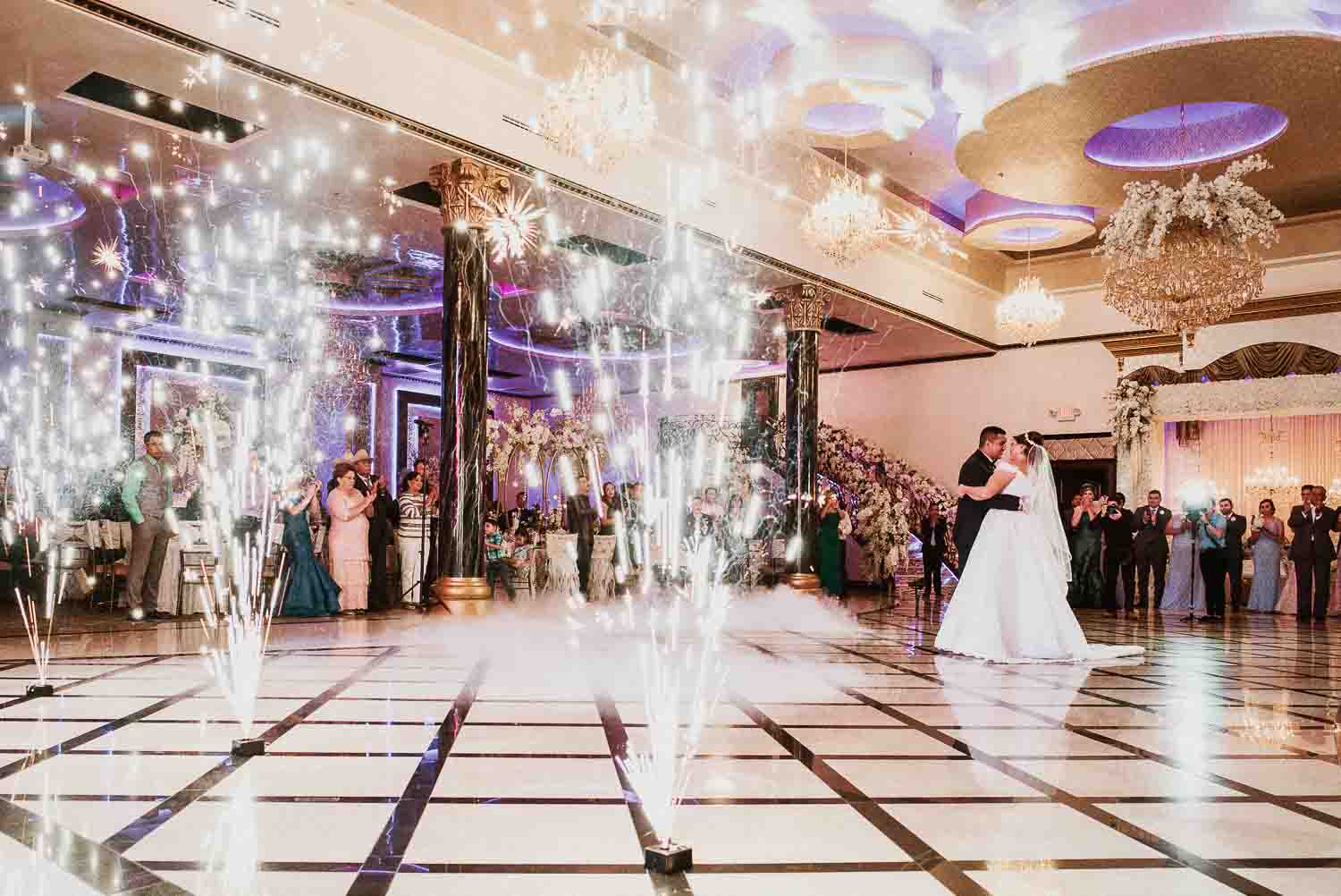 First Dance with Pyrotechnics Villa De Palmer, McAllen decor wedding reception