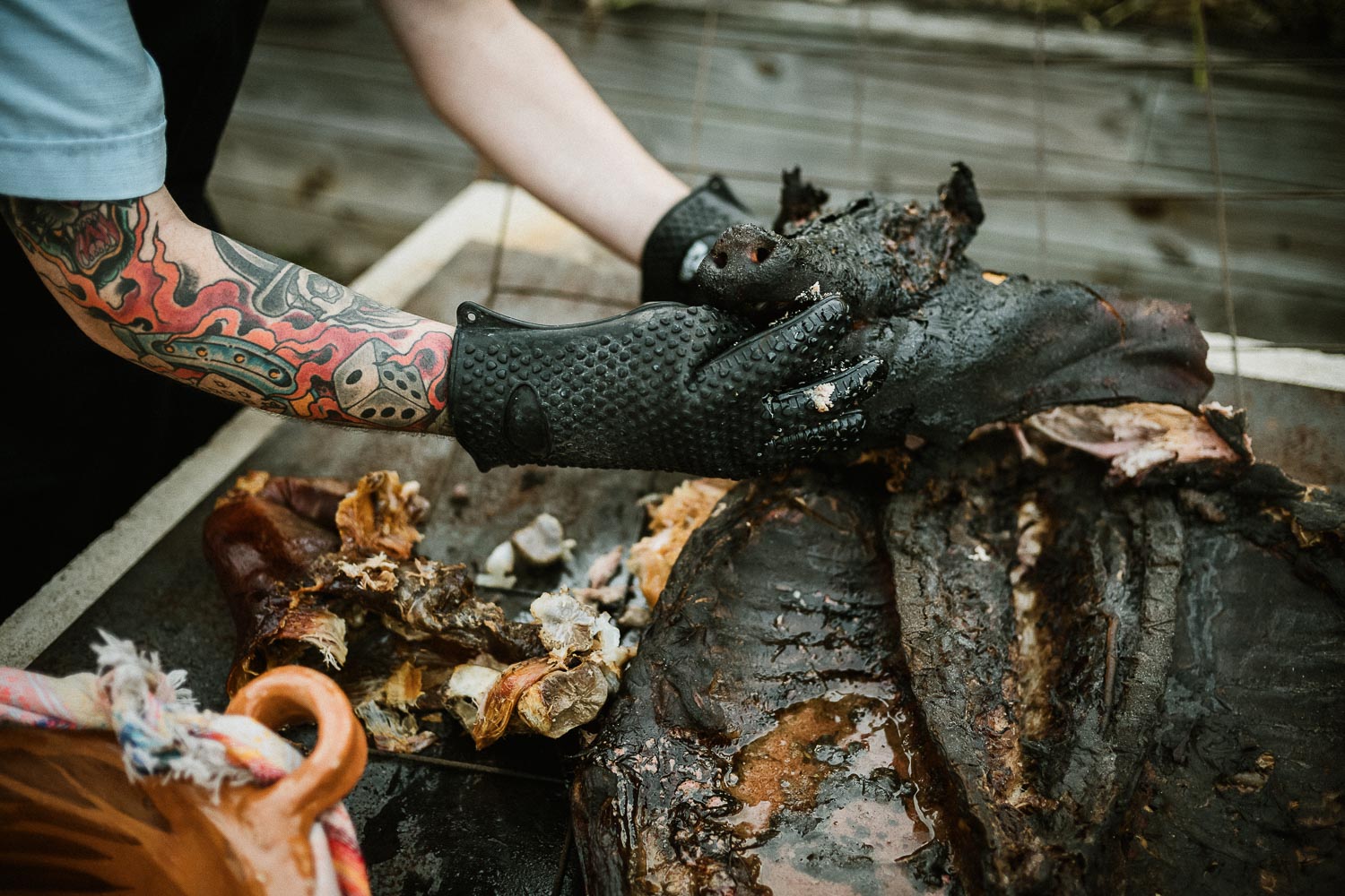 A pig has been roasted for 24 hours to prepare guests for a delicious Mexican style buffet Rehearsal dinner Mexican delicious food at couples home