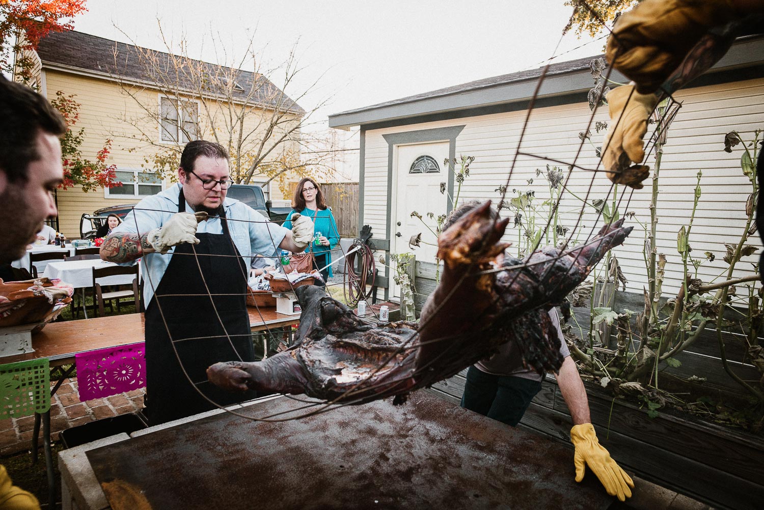 A pig has been roasted for 24 hours to prepare guests for a delicious Mexican style buffet Rehearsal dinner Mexican delicious food at couples home
