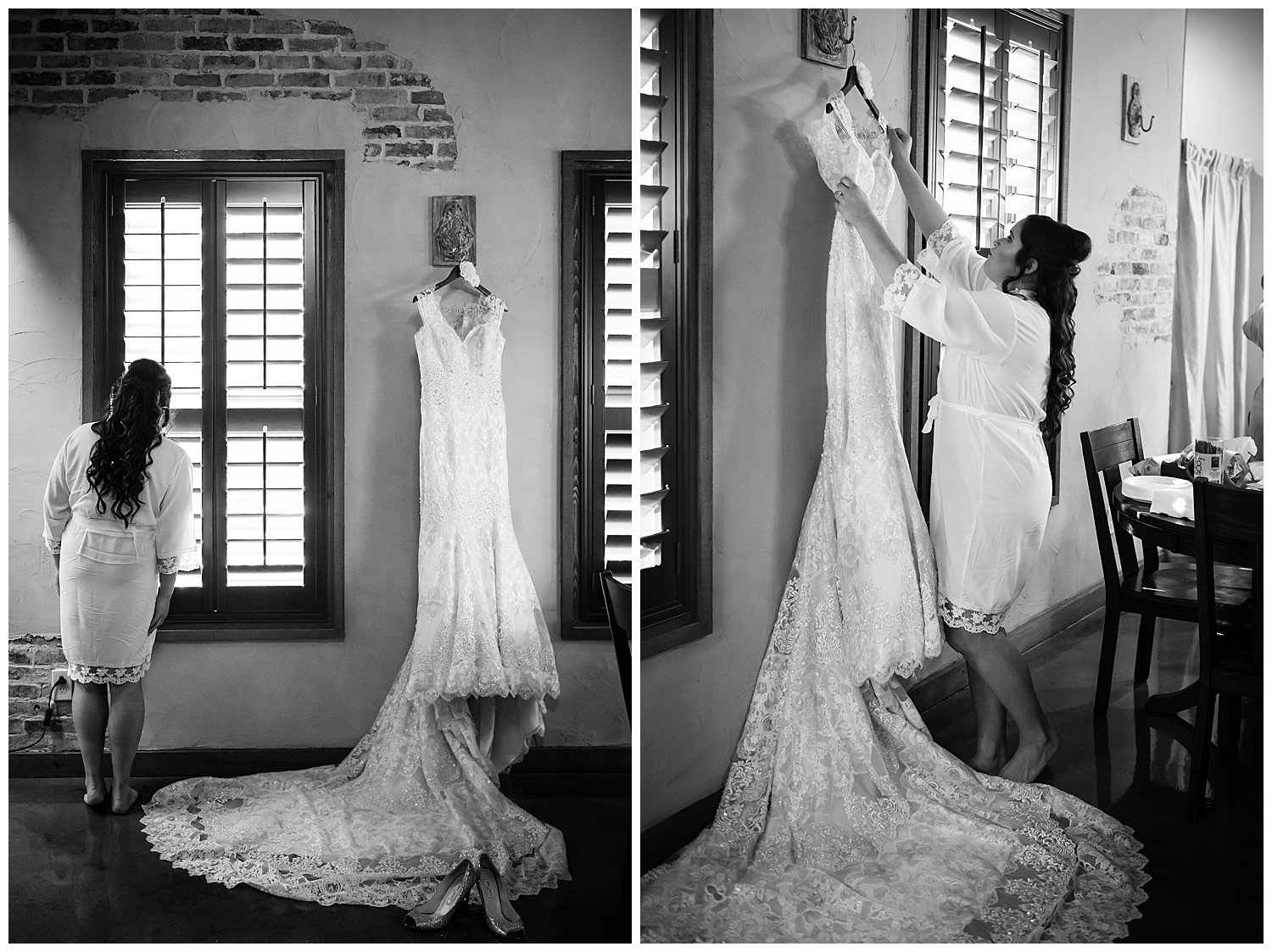 Beautiful Andrea pops off her dress hanging up in the bridal room at The Chandelier of Gruene Wedding Photos -2019-01-09_0001-Philip Thomas Photography