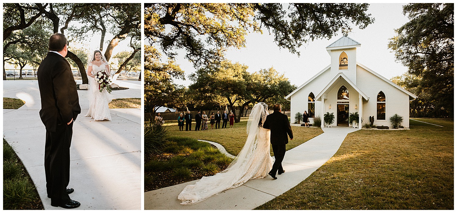 Father of the bride walks Andrea down the aisle into the church at The Chandelier of Gruene Weding Photos -2019-01-09_0010-Philip Thomas Photography
