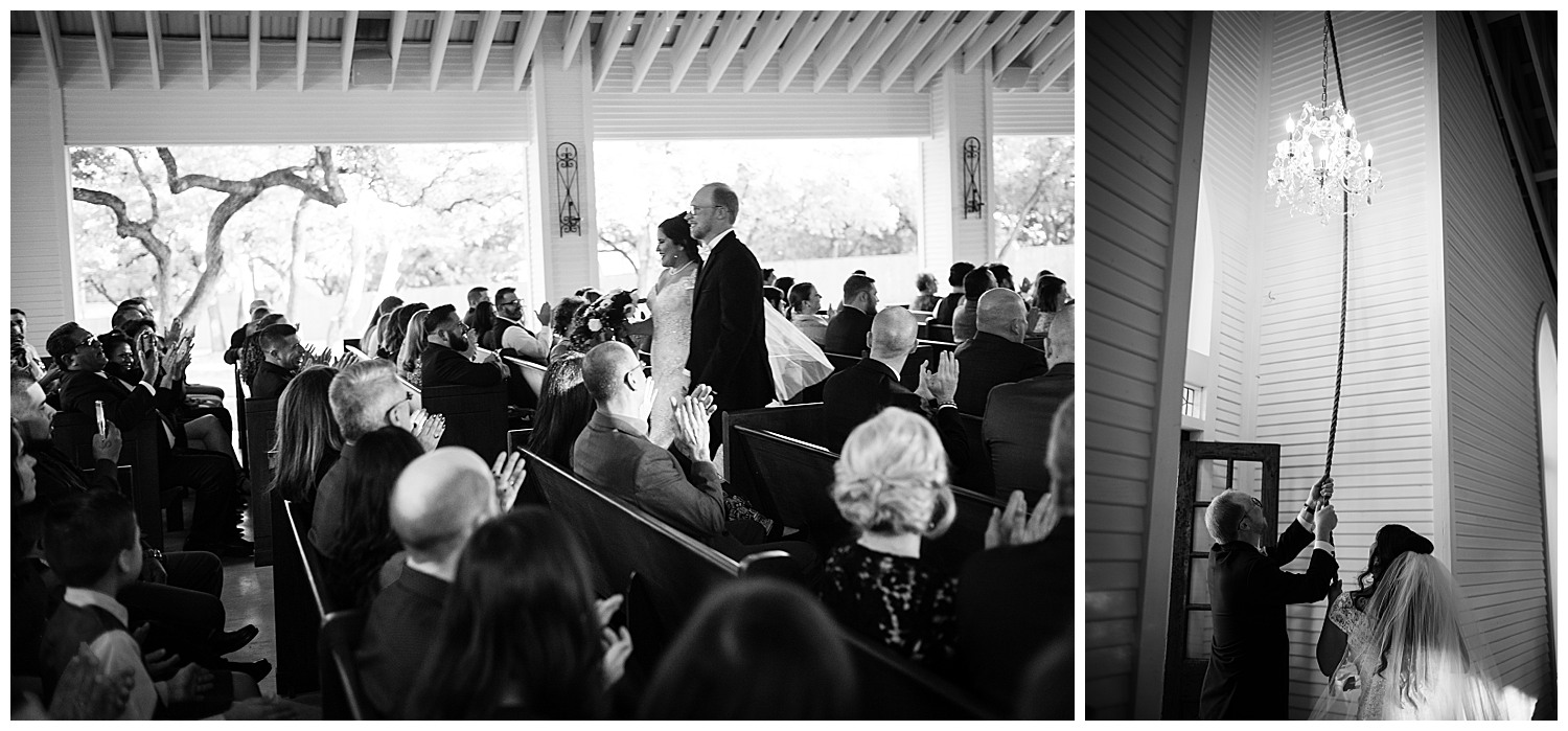 The bride and groom walk down the aisle after tying the knot photographed from the side of the chapel at The Chandelier of Gruene Weding Photos -2019-01-09_0005-Philip Thomas Photography