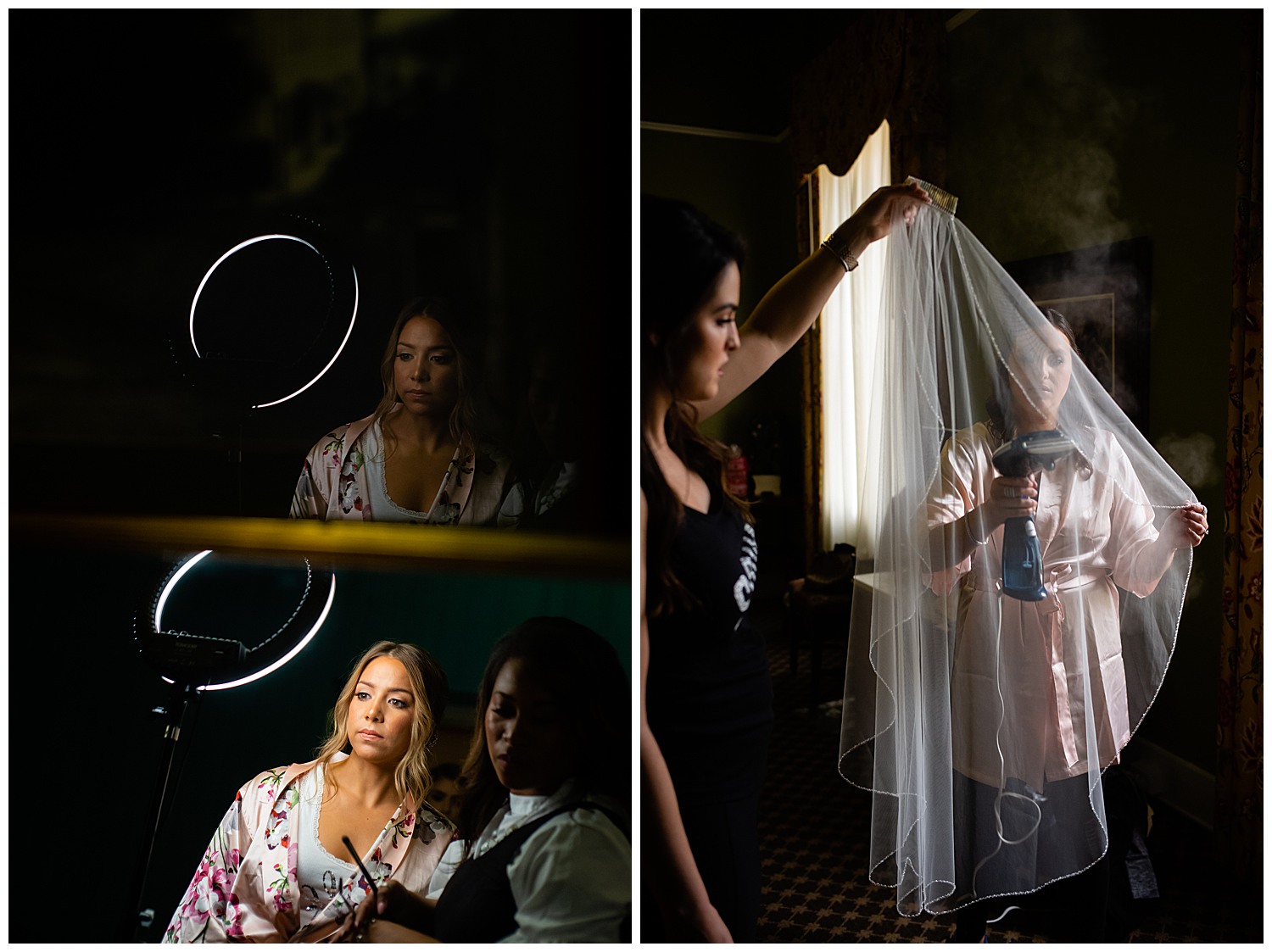 The bride check sin the mirror and the veil is straightened on her wedding day Menger Hotel Wedding Ceremony San Antonio Reception Grand BallroomSan Antonio -Leica photographer-Philip Thomas Photography