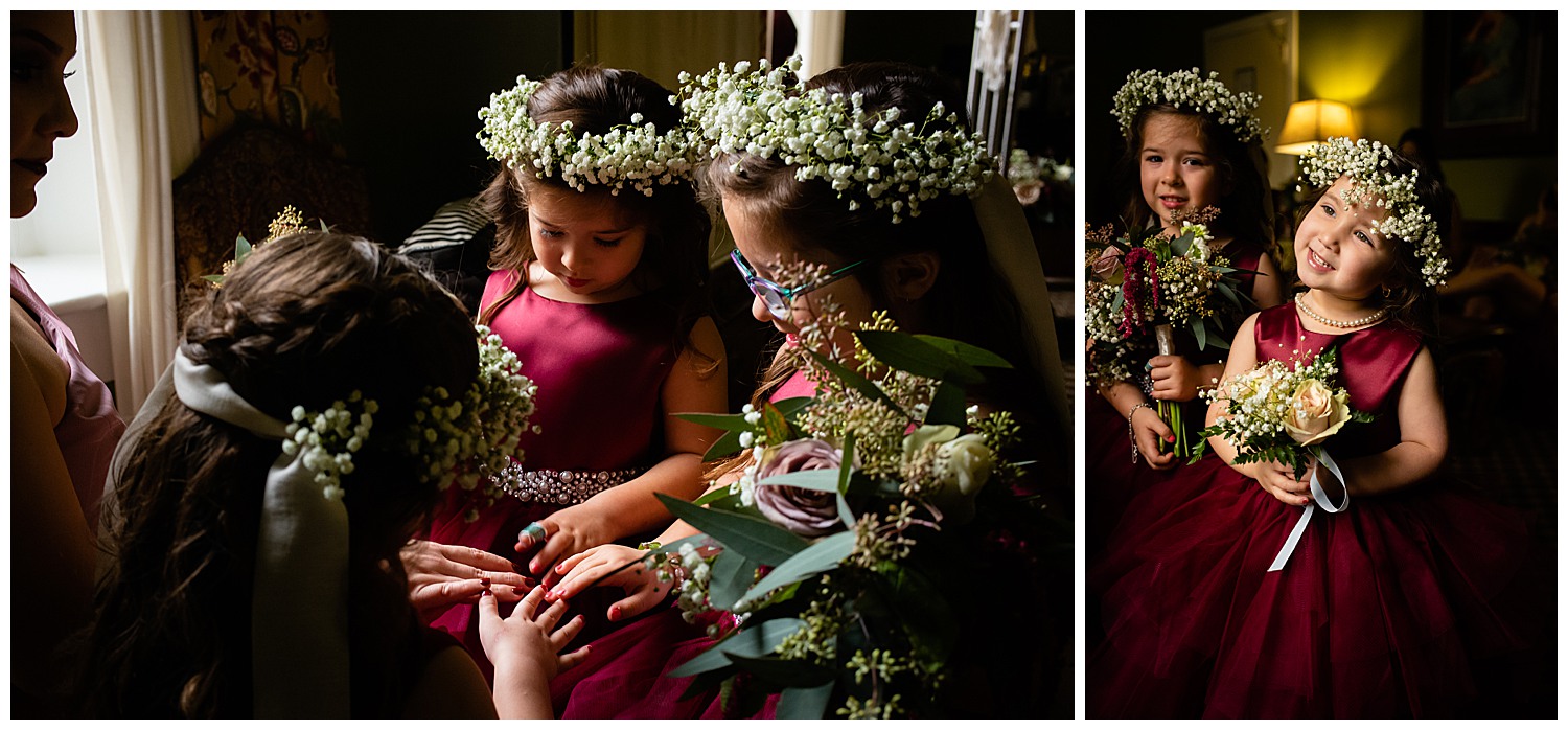 Flower girls gather comparing hands at the Menger Hotel Wedding Ceremony San Antonio Reception Grand BallroomSan Antonio -Leica photographer-Philip Thomas Photography