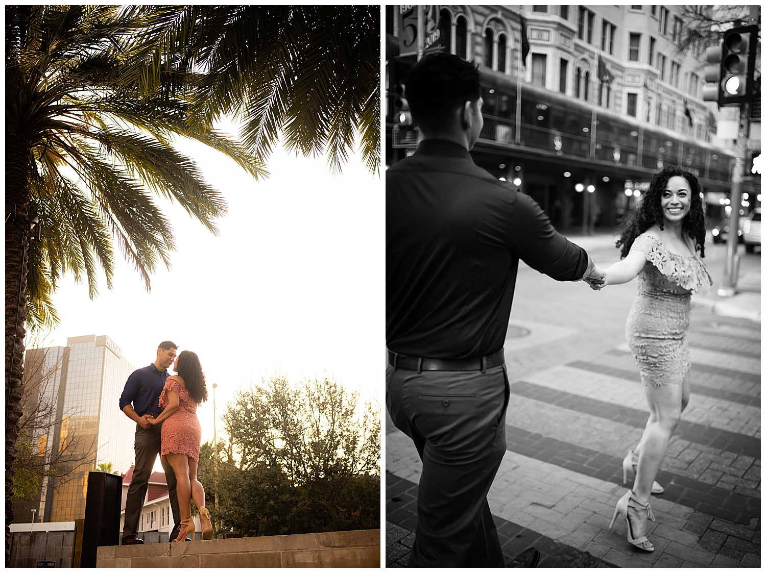 Downtown San Antonio Engagement Pictures near Tobin Center at nightime Commerce and Houston Street Majestic-