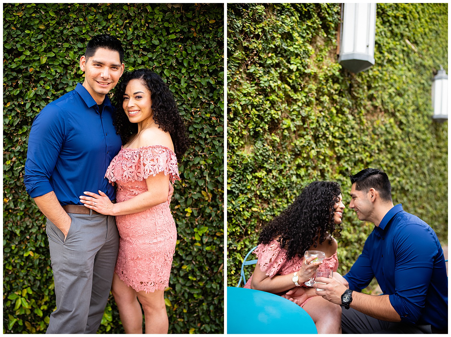 Couple on riverwalk along Hotel Havana Downtown San Antonio Engagement Pictures at nightime Commerce and Houston Street Havana Hotel background