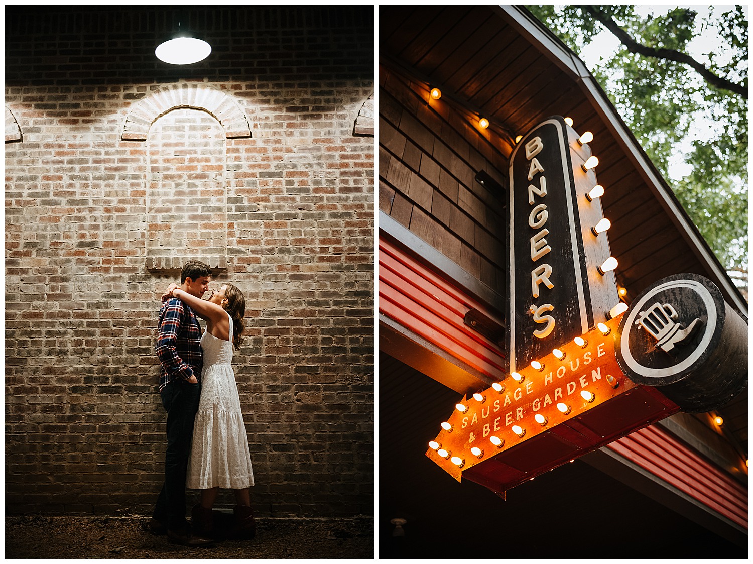 Couple under over head light at Banger's in Austin Texas