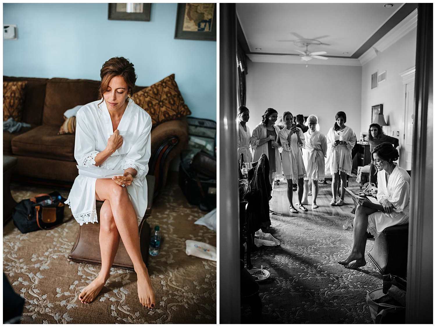 The bride gets emotional reading a love letter from the groom on her wedding day at Driskill Hotel in Austin Texas