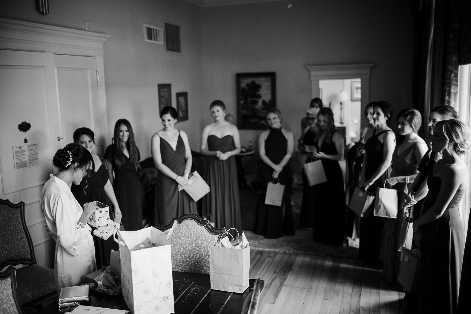 Gifts from the bride are handed out to bridesmaids at Driskill Hotel in Austin Texas