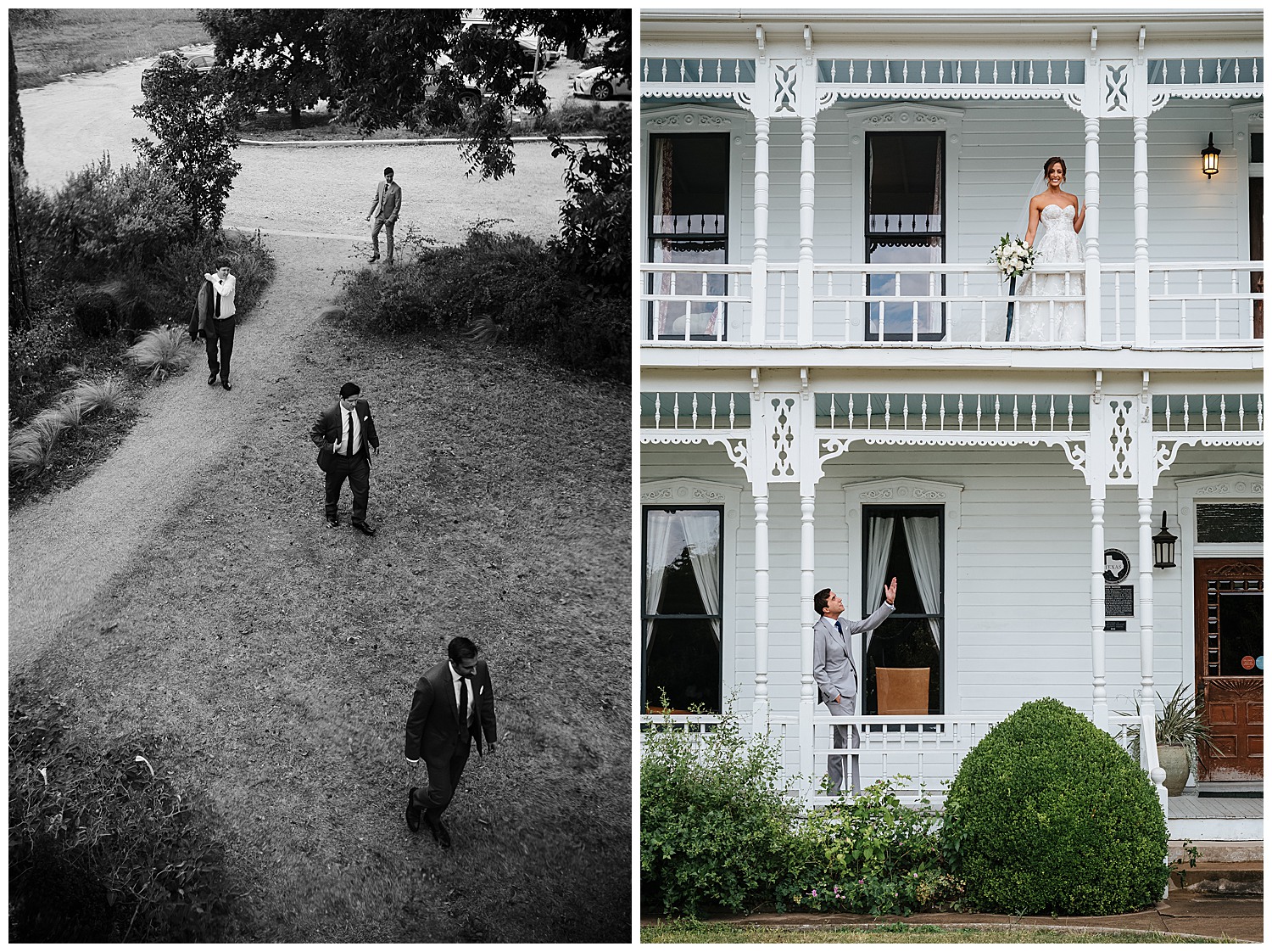 Groomsmen arrive shot from balcony above looking down and the right picture shows groom looking up to bride at Barr Mansion, Texas