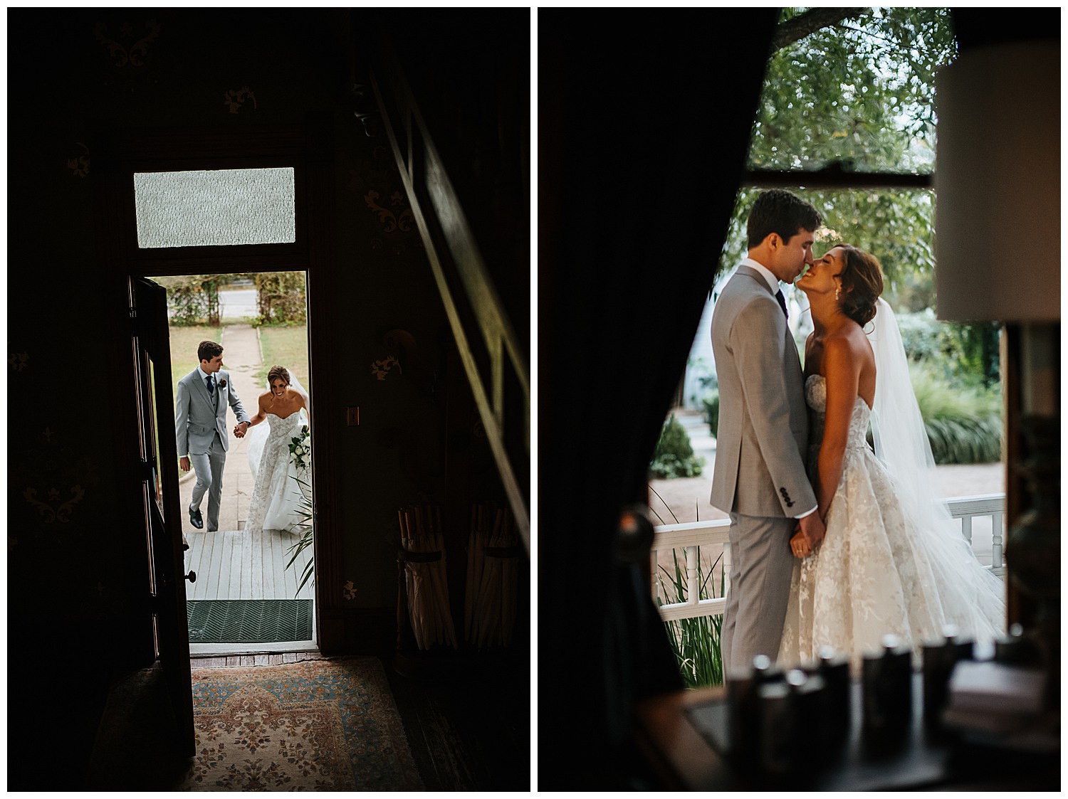 Newly married couple make their way up the steps at Barr Mansion, Texas