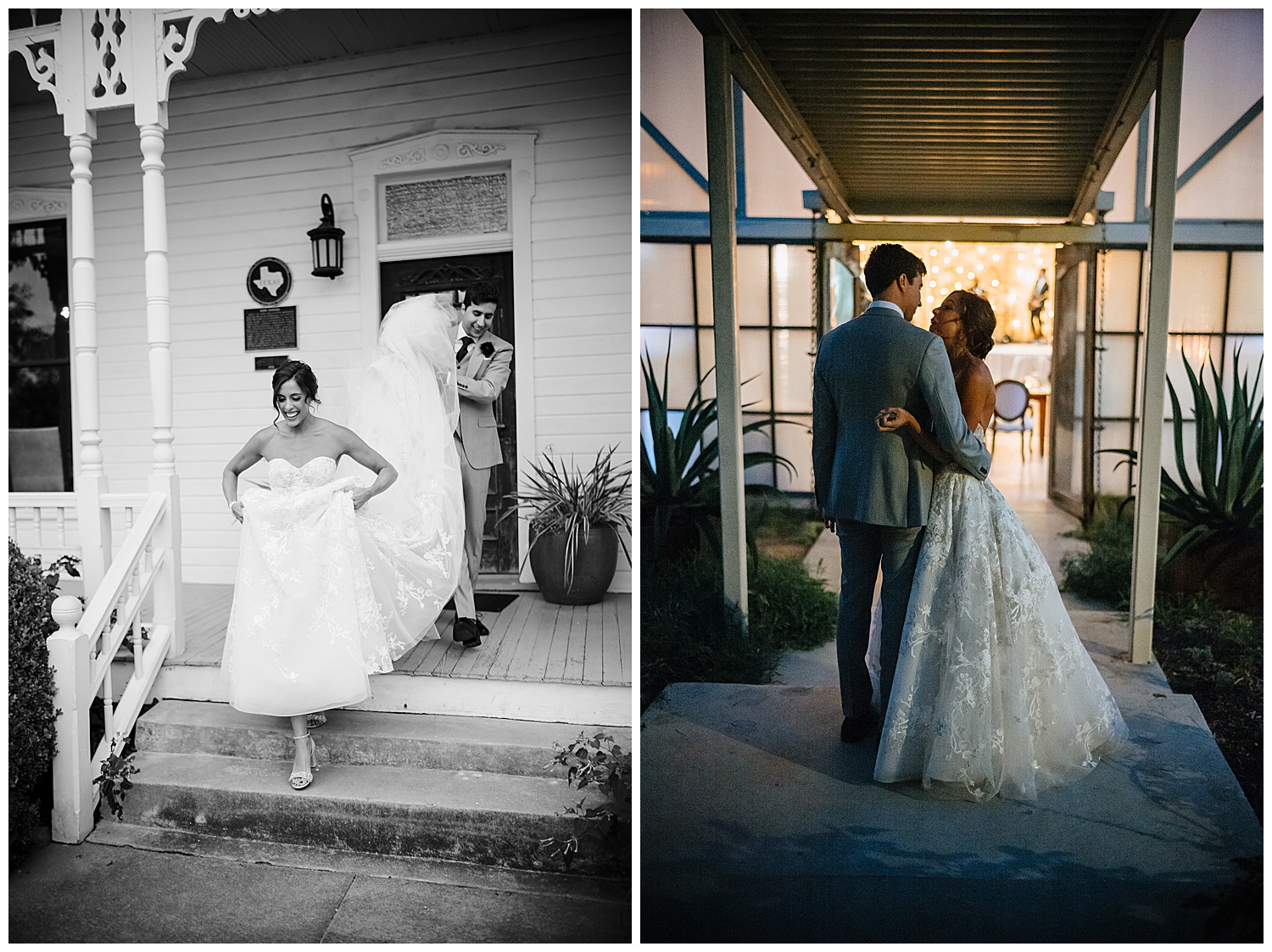 Left shows couple descending steps at Barr Mansion, Texas and right shows a couple waiitng to be announced at wedding reception