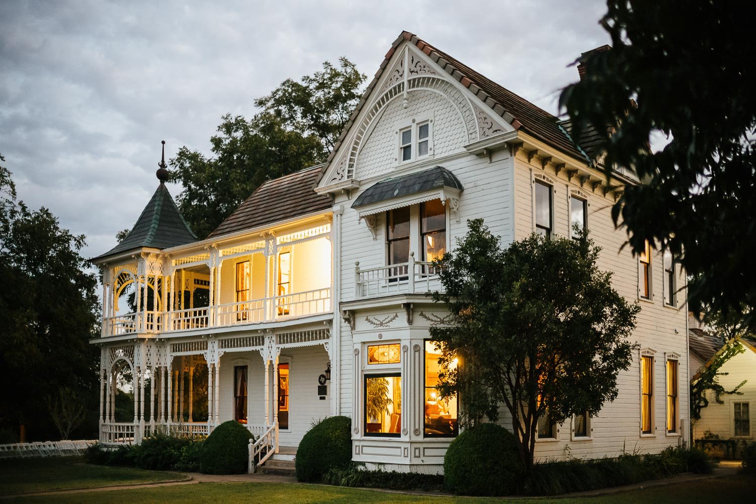 Barr Mansion, Texas after sunset showing front of original building