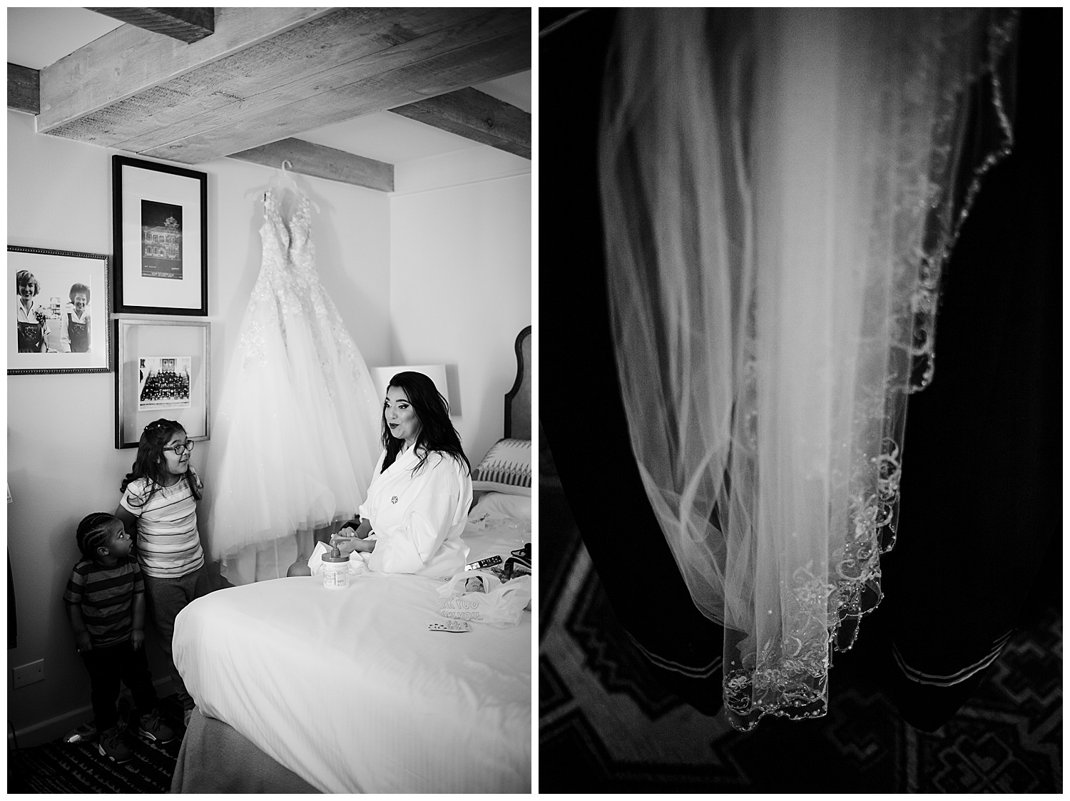 left side: Bride sits on bed with wedding dress hanging bejind her as ring beaer and flower girl look at bride Right: Veil hangs from back of chair during a wedding reception