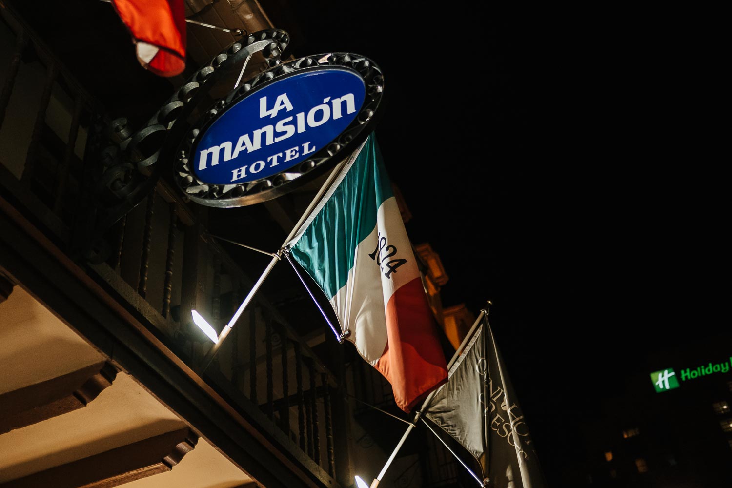 Photograph of Omni La Mansion Riverwalk hotel in San Antonio Texas outside looking up toward the front of the building