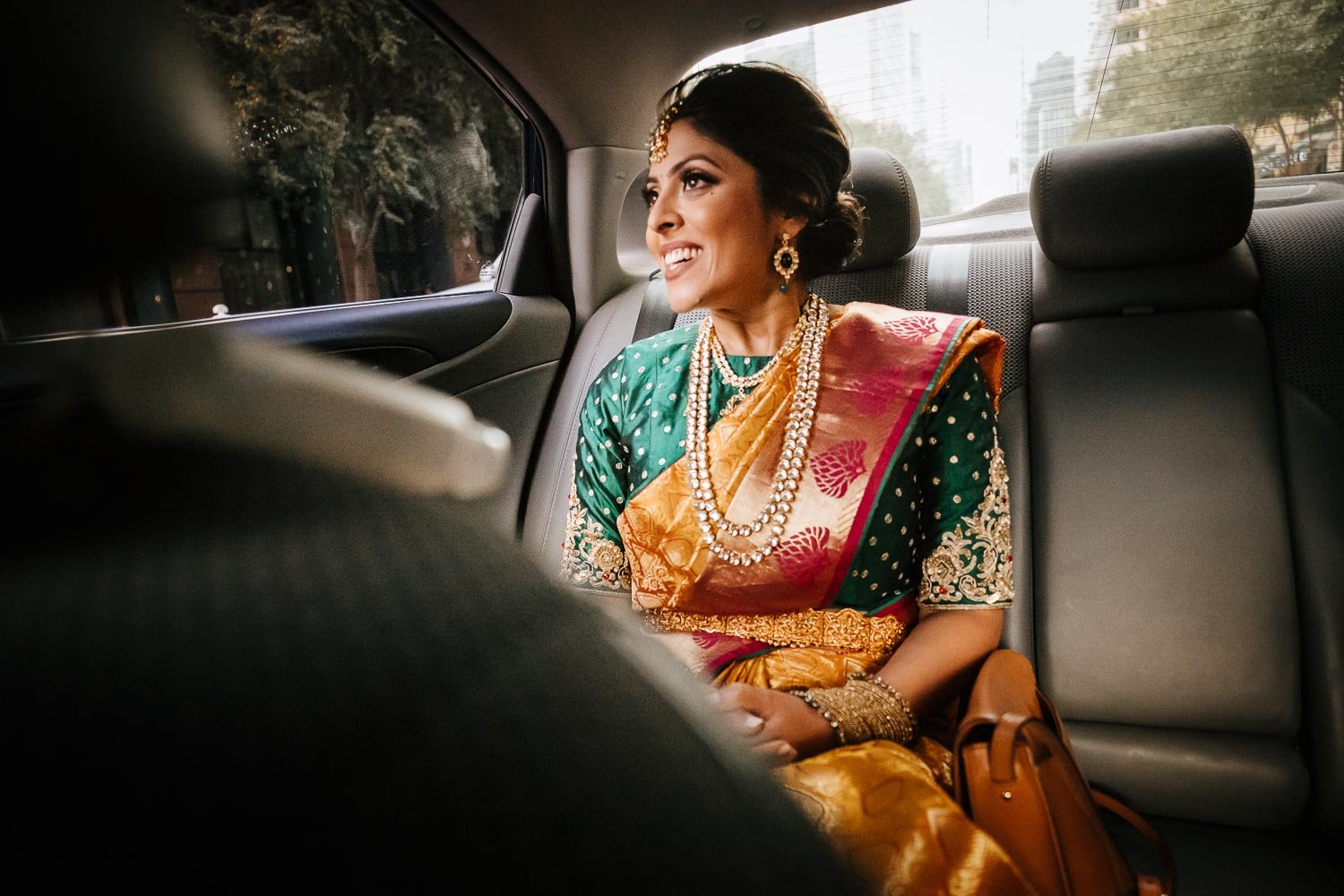 Neha on her way in an Uber for her first look with her husband to be, Mrugesh, in downtown Austin, Texas.