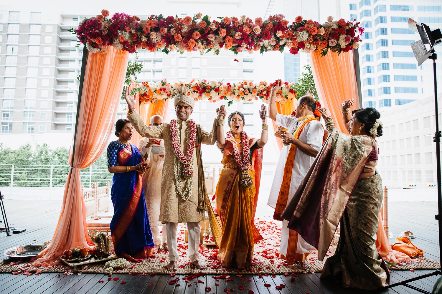 A wedded couple celebrate mandap temporarily erected for the purpose of a Hindu or Jain wedding