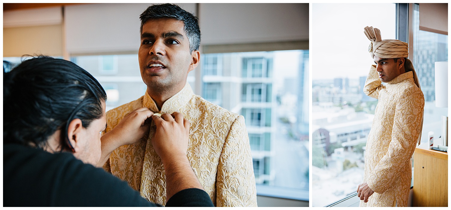 The groom gets dressed at at Hyatt Place Austin for South Asian wedding