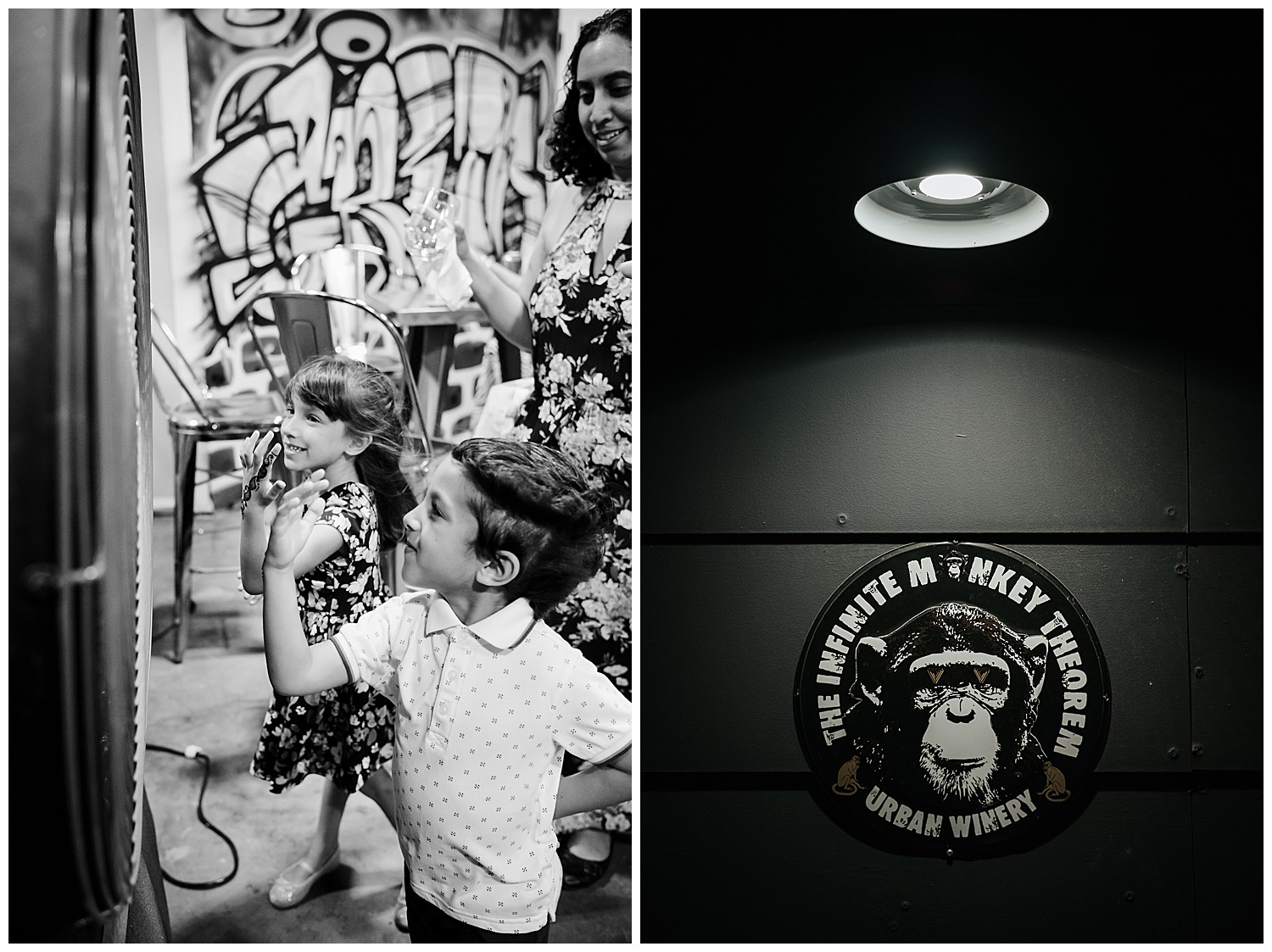 A little boy has his hair blown by a huge fan blower at rehearsal dinner The Infinite Monkey Theorem in Austin