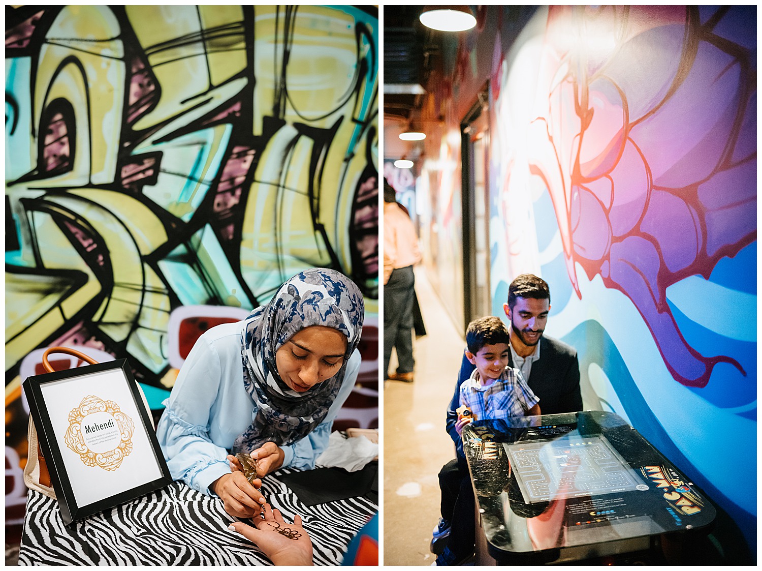 On the left a henna artists applies to a hand, on the right, a father and son play an arcade game