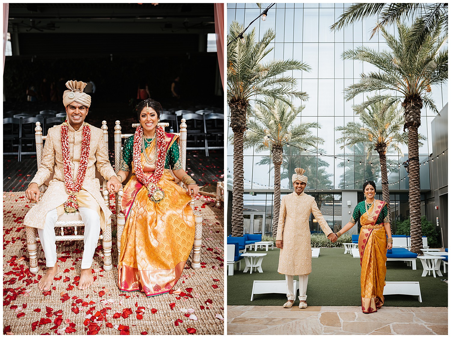 At Brazos Hall and Fairmont Hotel in Austin the couple pose with palm trees in background