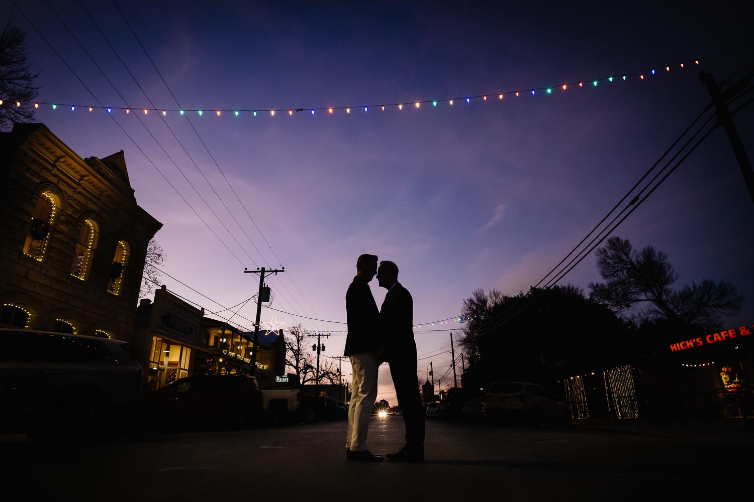 LGBTQ and gay wedding Groom and groom in COmfort on their wedding night outside Ingenhuett on High L1009836