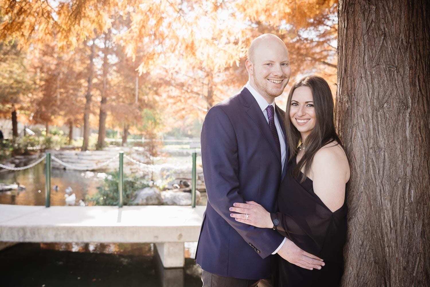 Beautiful fall colors and backlight for couples engagement shoot along the San Antonio river just north of downtown