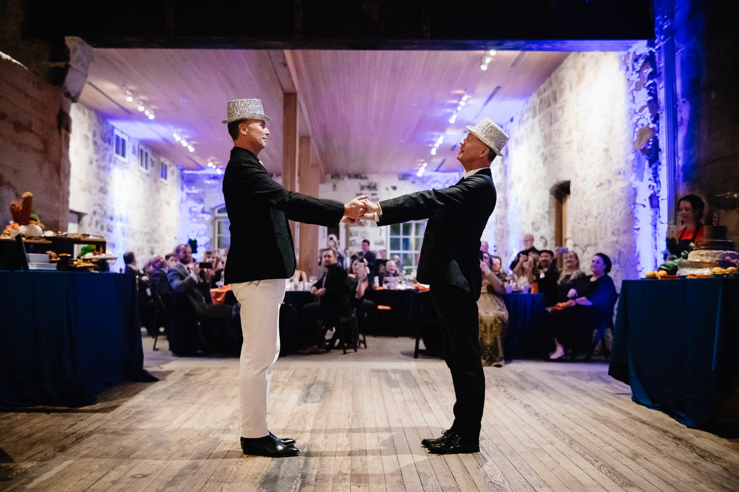 Couple prepare for first dance at wedding reception Ingenhuett on High L1009899