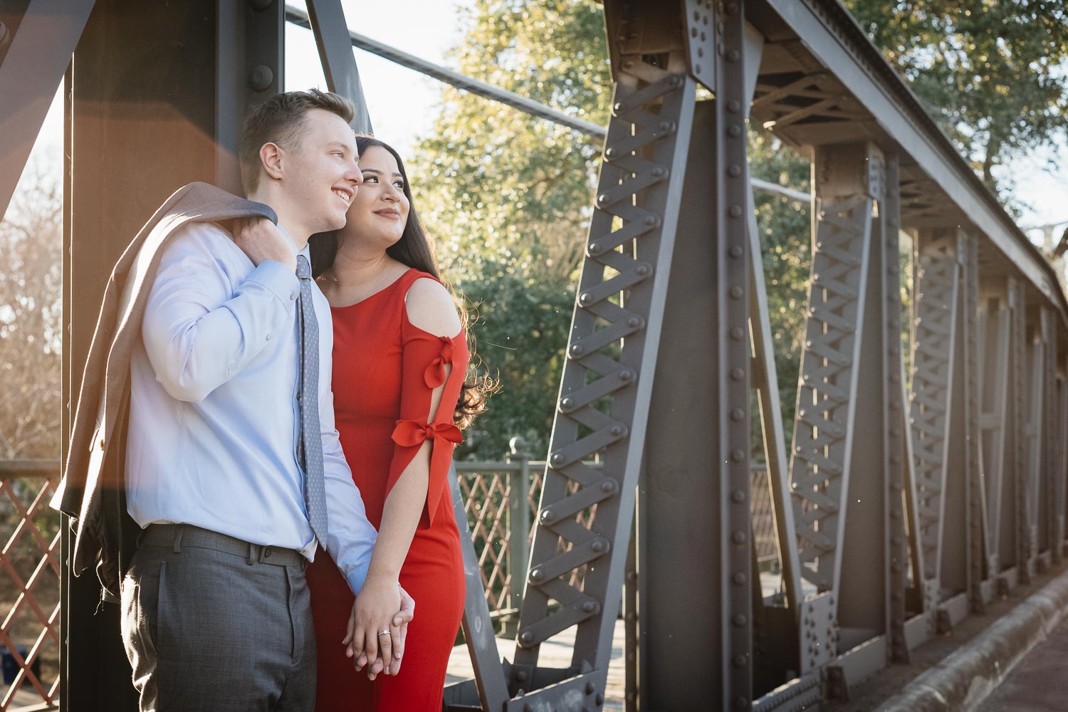 Engaged couple on Arsenal Bridge San Antonio