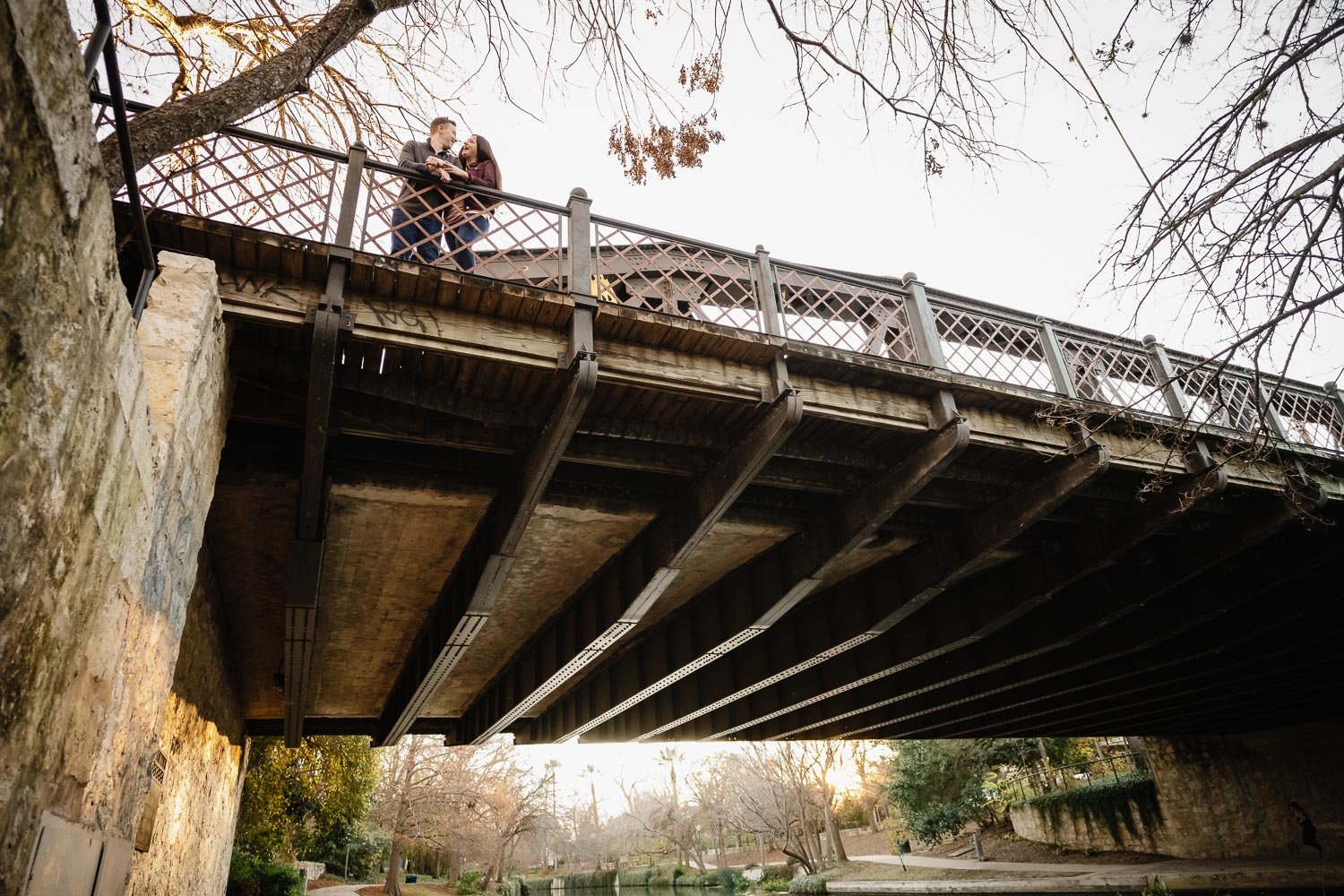 Couple on top of Arsenal Bridge in San Antonio engagement session