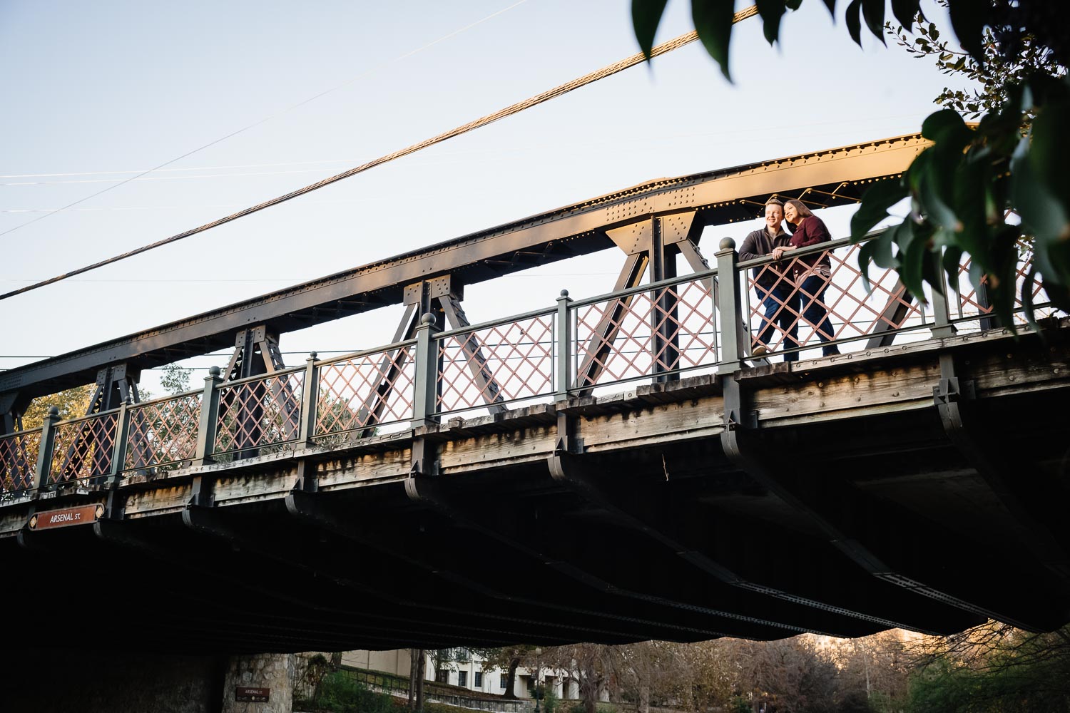 Arsenal Bridge King William District Engagement photos In the King William Distric on Arsenal Bridge couple engagement session