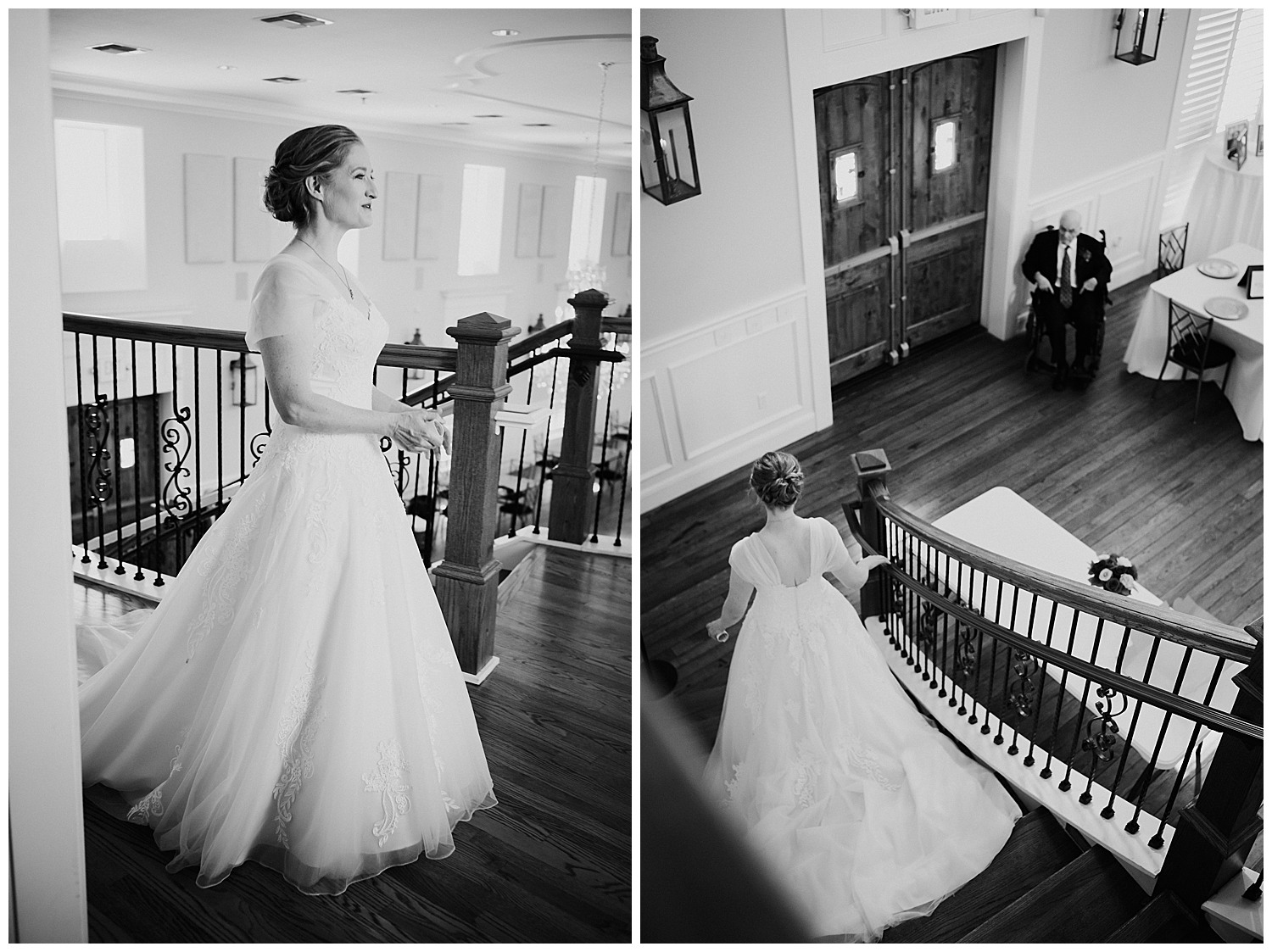 A bride descends the staircase at Wedding at the The Grande Ballroom in New Braunfels Texas