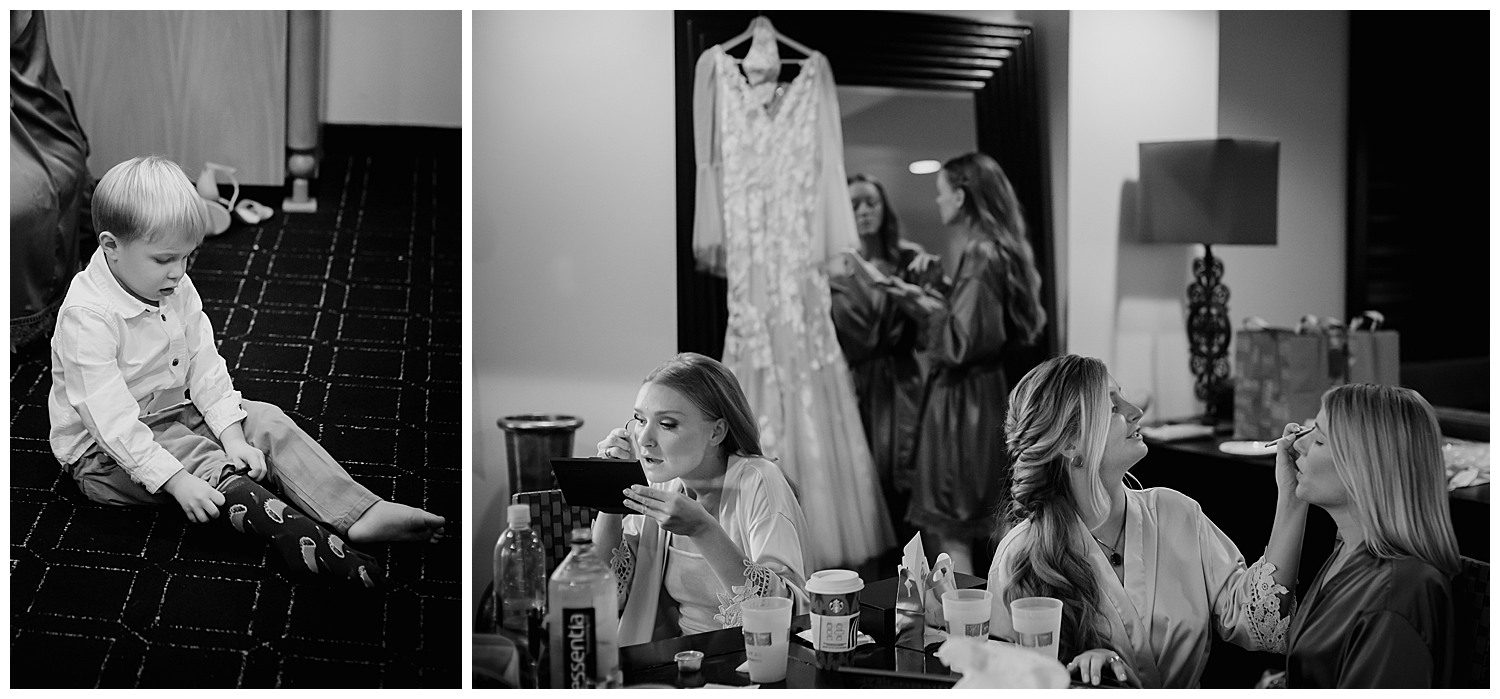 A little boy attempts to put socks on and the bride applies makeup on her wedding day at The Valencia Hotel in San Antonio, Texas