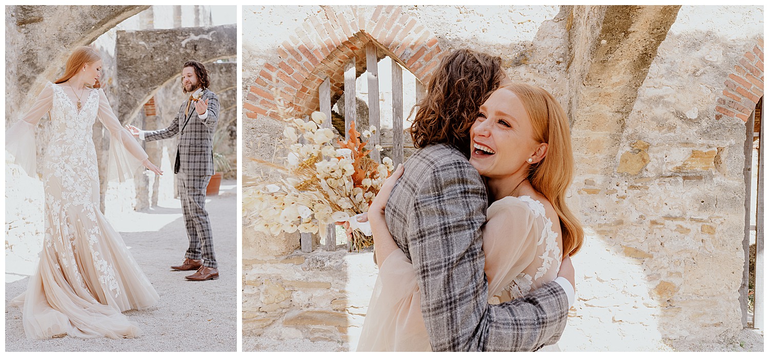 The couple embrace at San Jose Missions San Antonio Texas on their wedding day