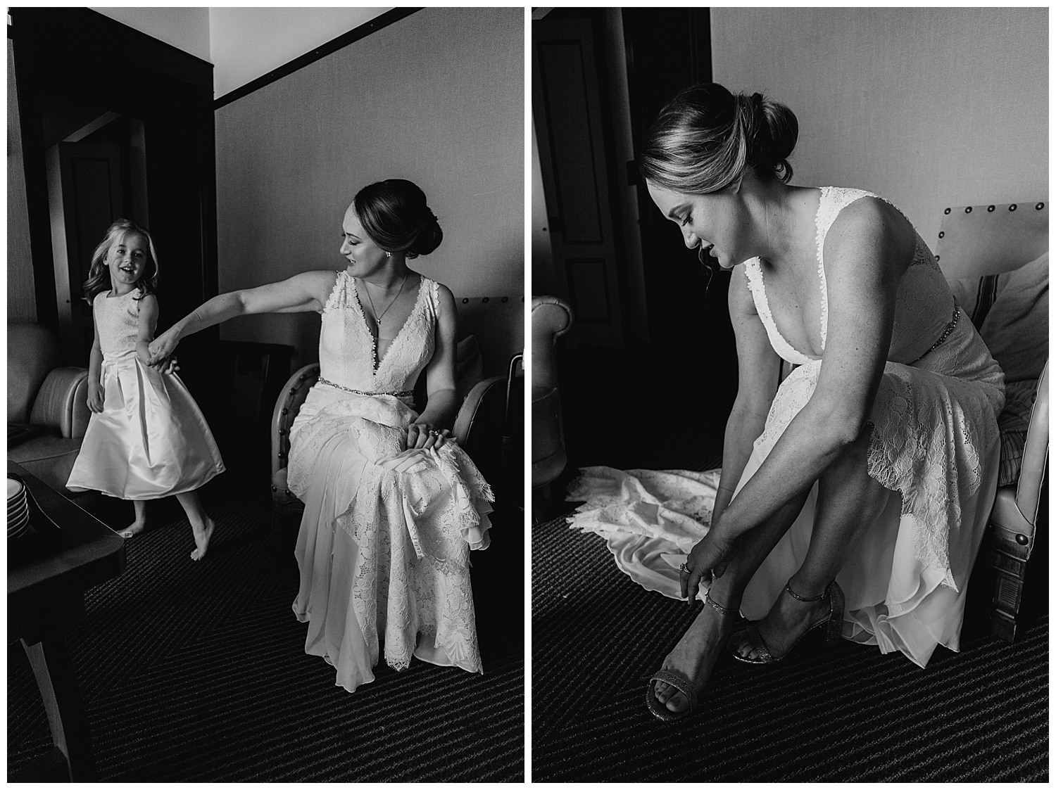 A bride plays with a flower girl and on the right the bride clasps her shoes