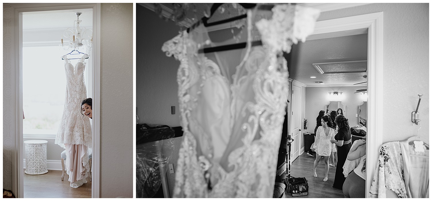 Bride pops her head out from behind the door as her dress hangs from the chandelier and on the right image the bride is looking in the mirror as a mother looks on